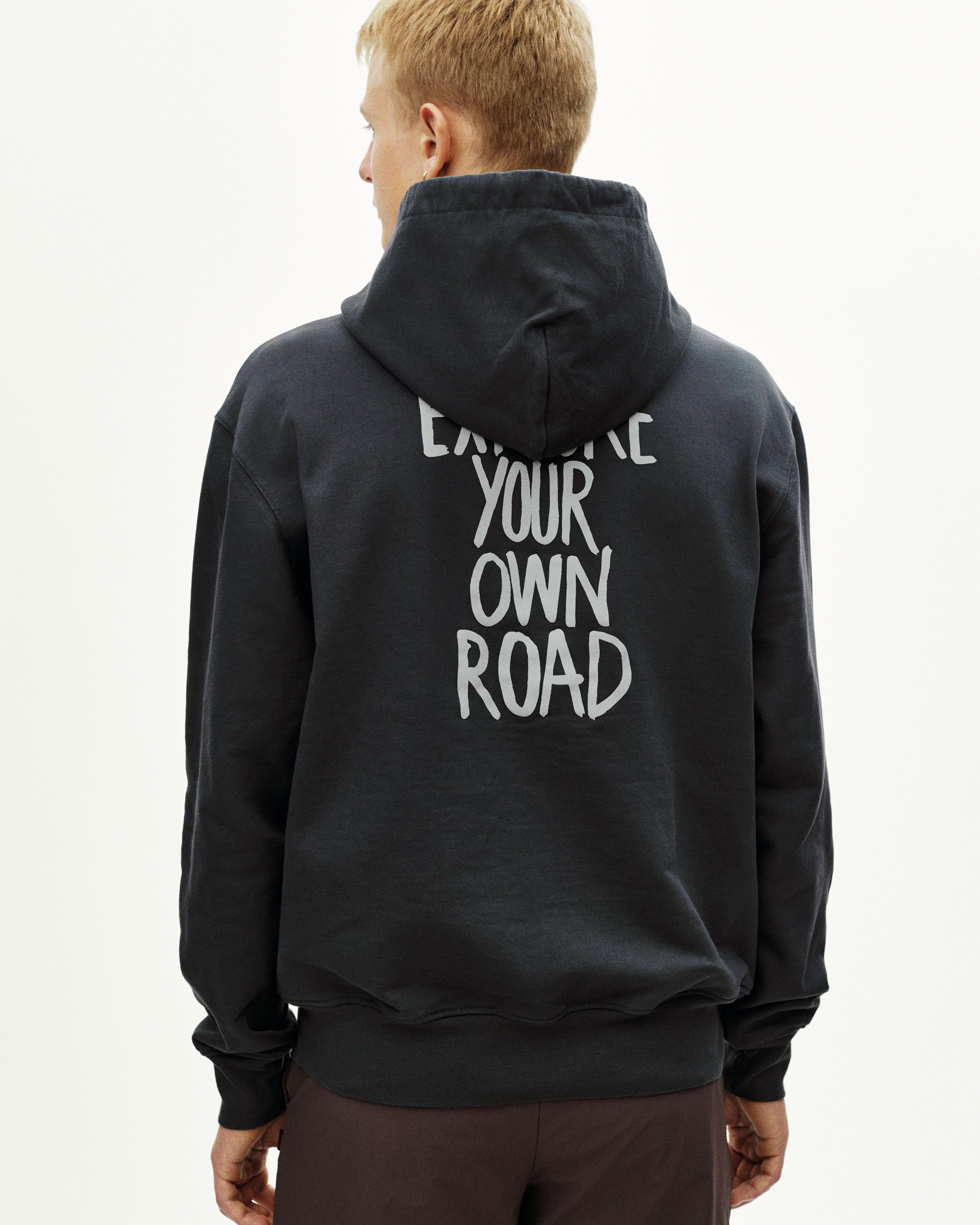 Dark Navy Off-Race Graphic hoodie, rear view on model with white "YOUR OWN ROAD" back print