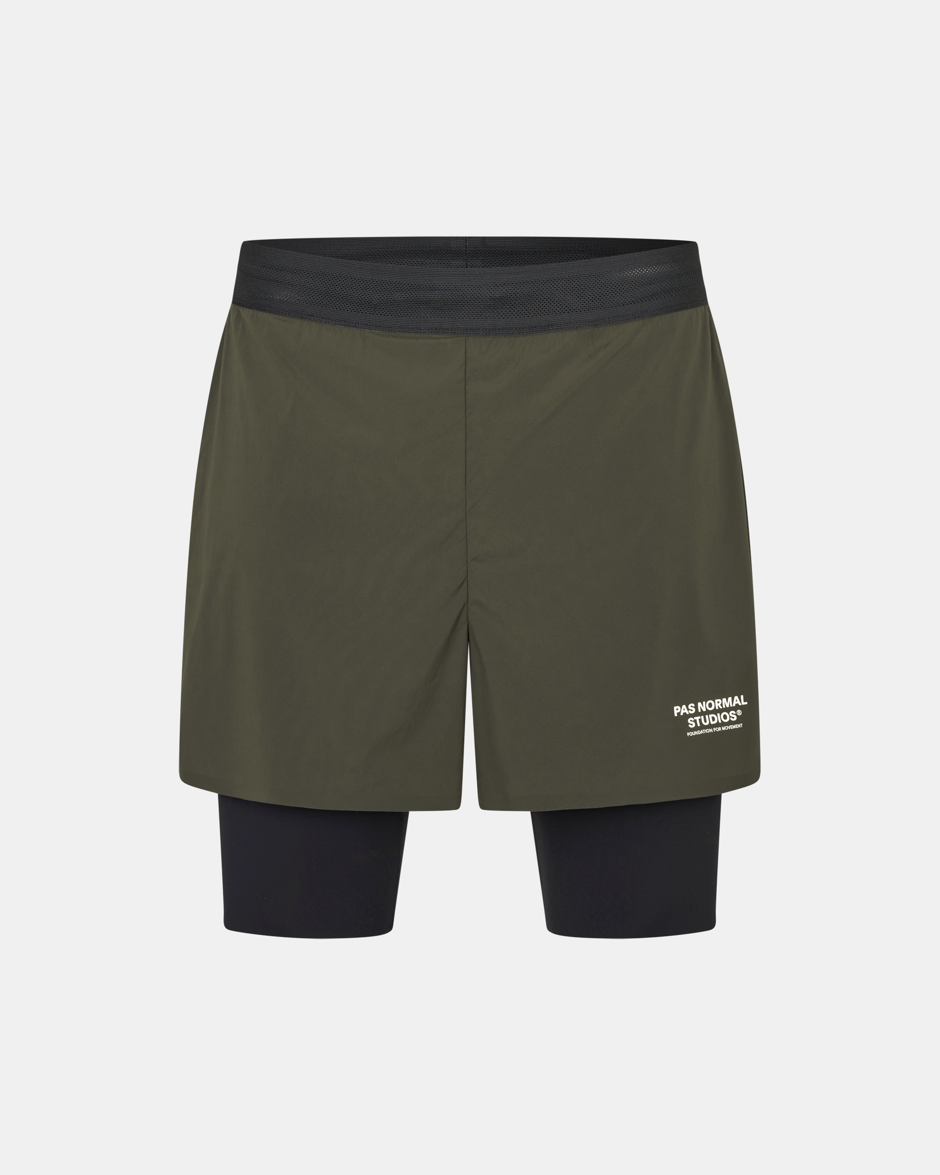 Dark Olive Balance 2-in-1 shorts, front view with black inner layer and mesh waistband