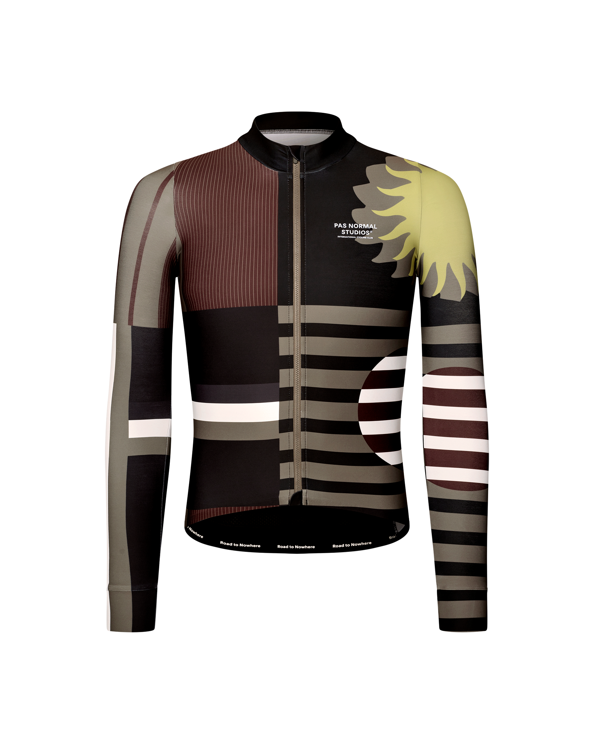 Dark Olive Mechanism long sleeve cycling jersey, front flat lay with abstract geometric stripe and sunflower print