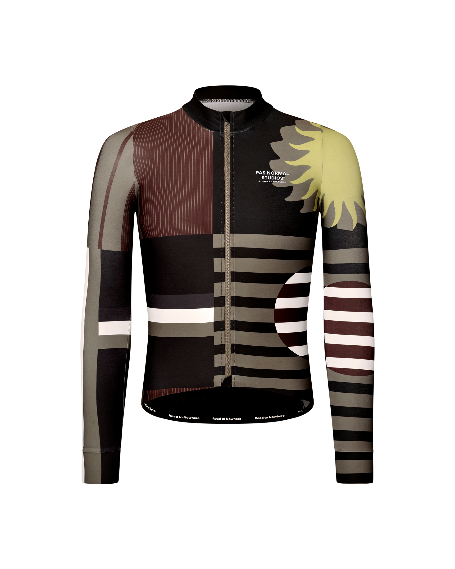 Dark Olive Mechanism long sleeve cycling jersey, front flat lay with abstract geometric stripe and sunflower print