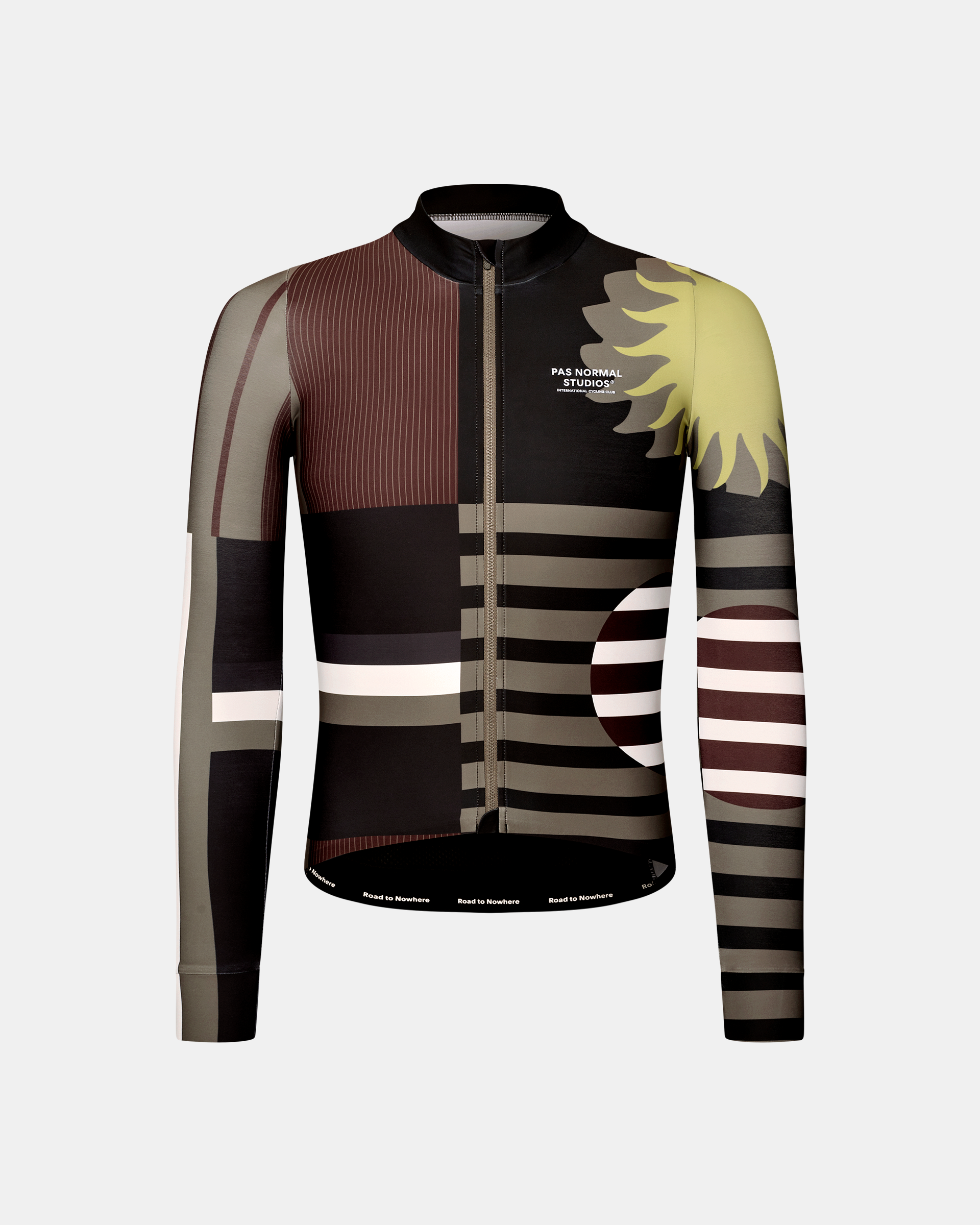 Dark Olive Mechanism long sleeve cycling jersey, front flat lay with abstract geometric stripe and sunflower print