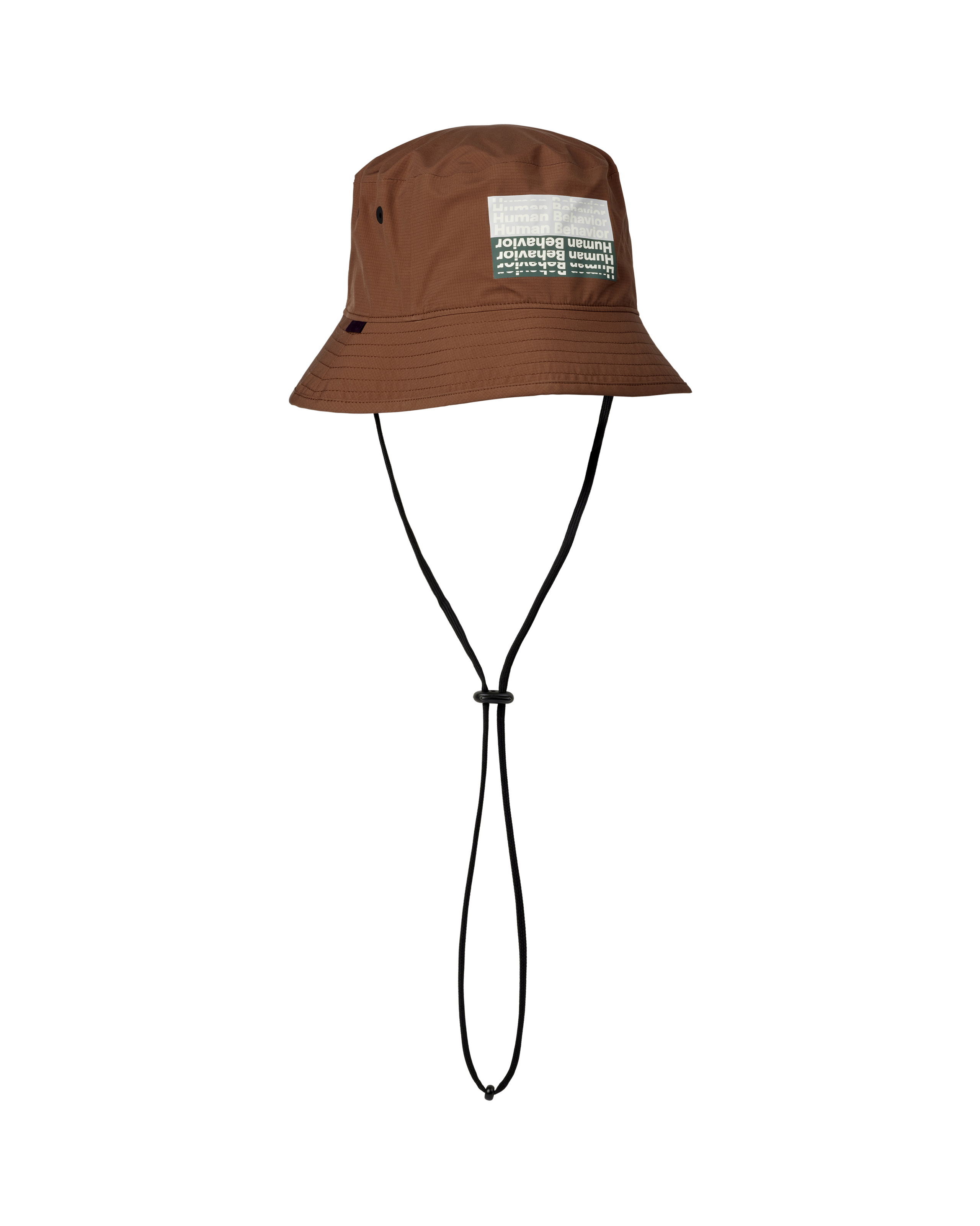 Hazel brown T.K.O. Off-Race Shield bucket hat, three-quarter view with graphic front patch and chin cord