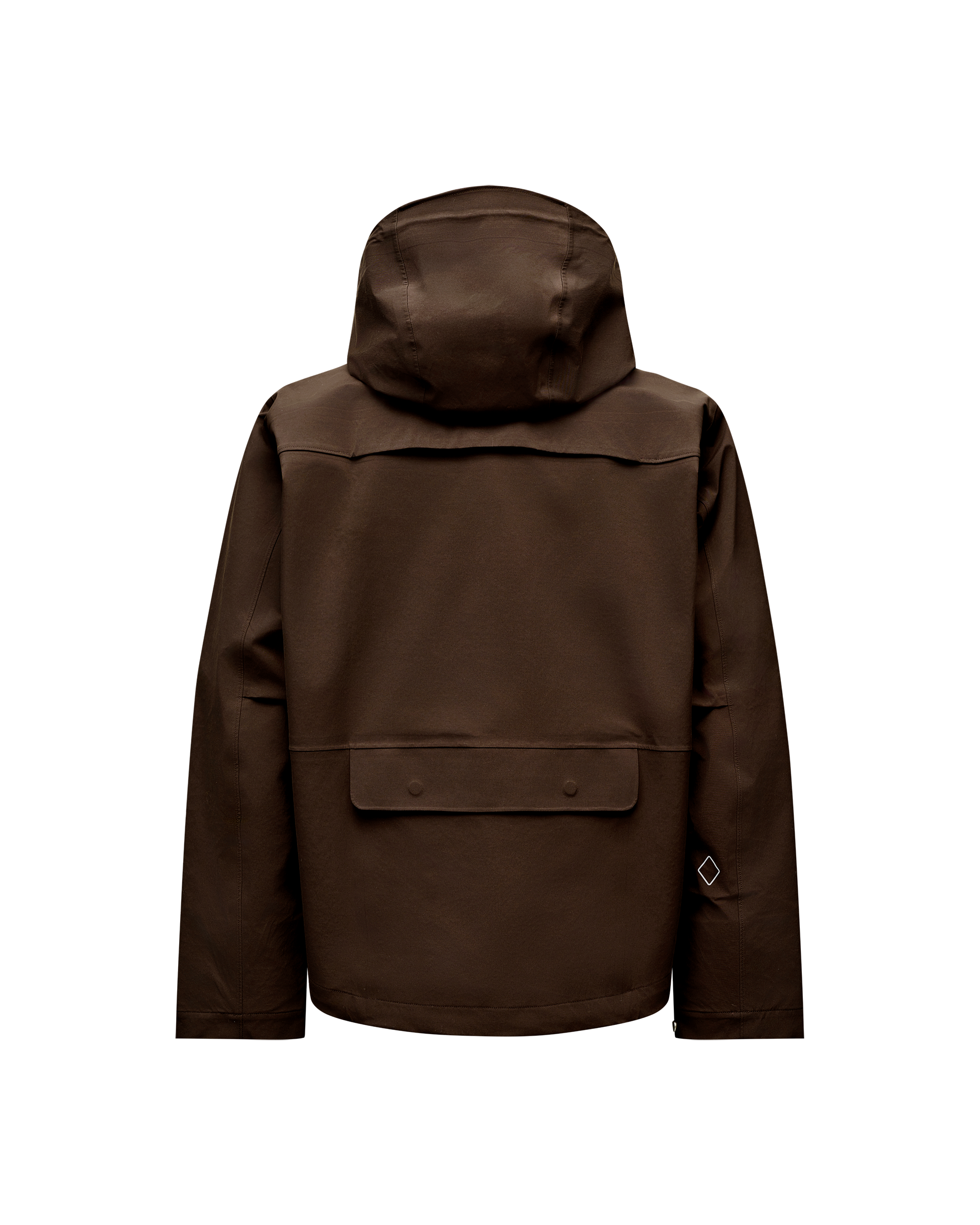Dark Coffee brown Off-Race 3L Shell jacket, rear flat lay with storm hood and back pocket flap