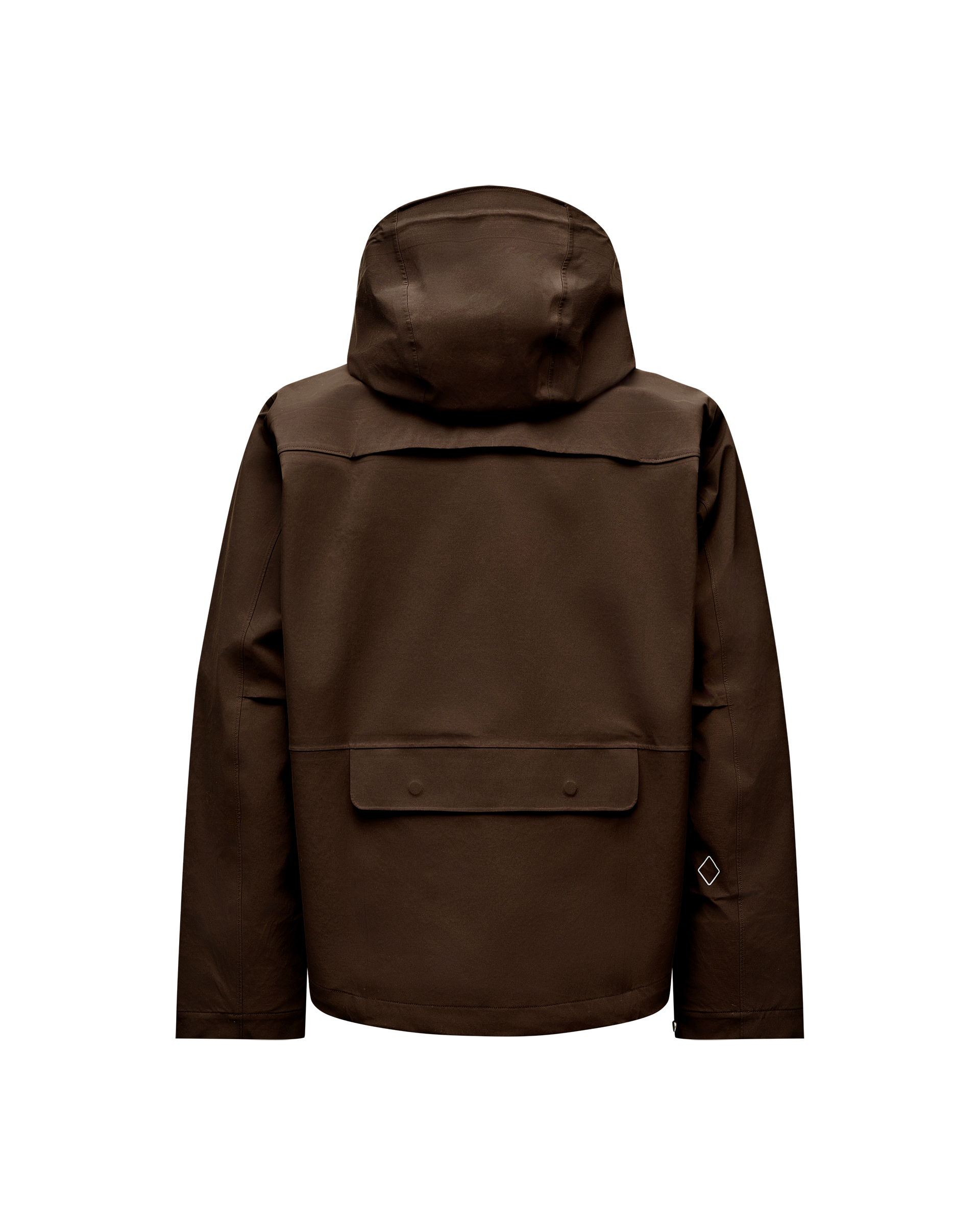 Dark Coffee brown Off-Race 3L Shell jacket, rear flat lay with storm hood and back pocket flap