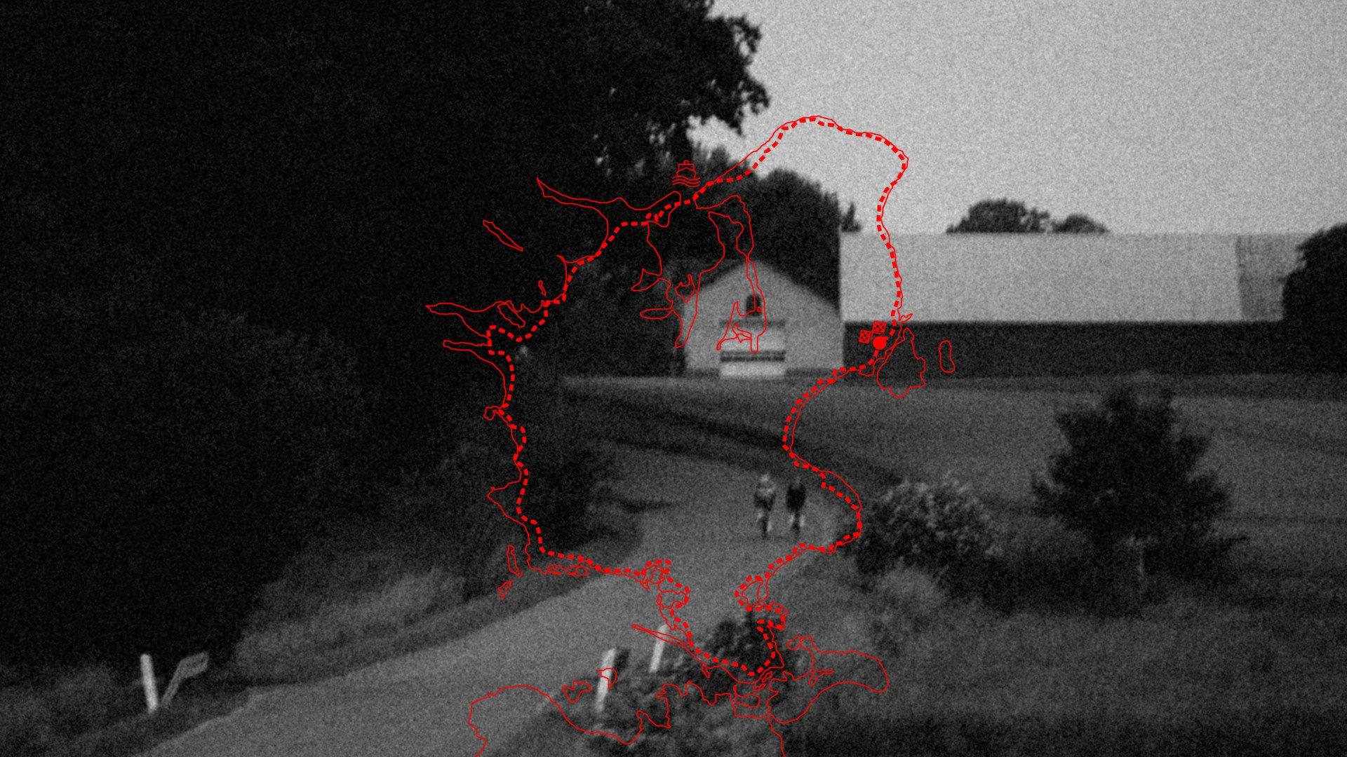 Black and white cycling scene with red route outline overlay showing winding path through countryside