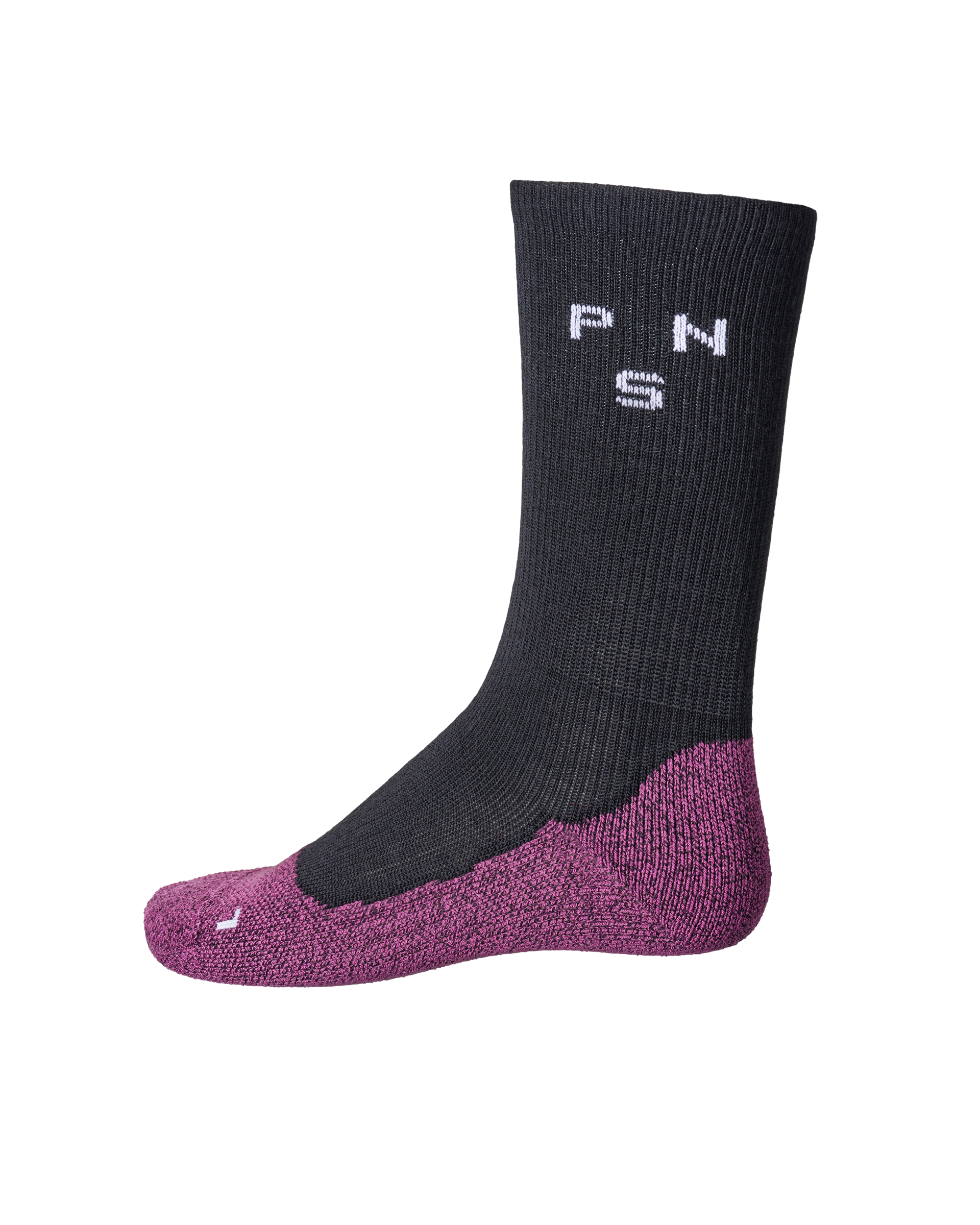 Black Mechanism Deep Winter cycling socks, side view with purple heel and toe reinforcement