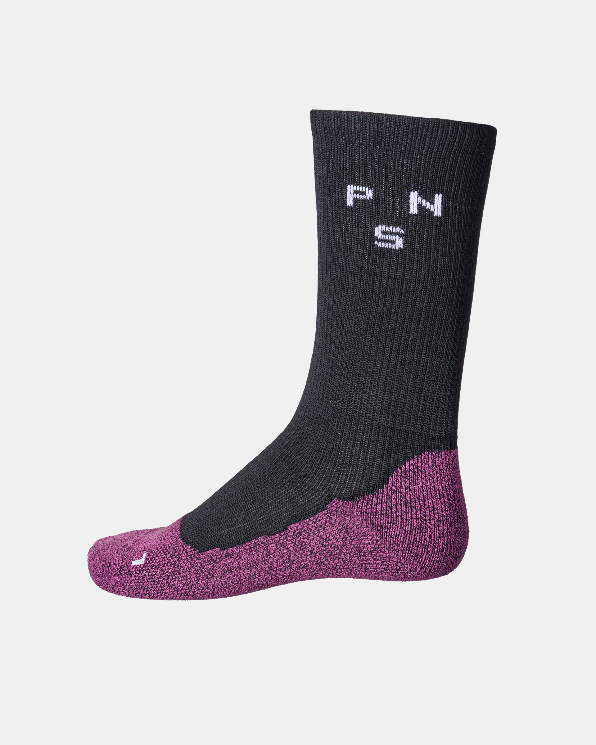 Black Mechanism Deep Winter cycling socks, side view with purple heel and toe reinforcement