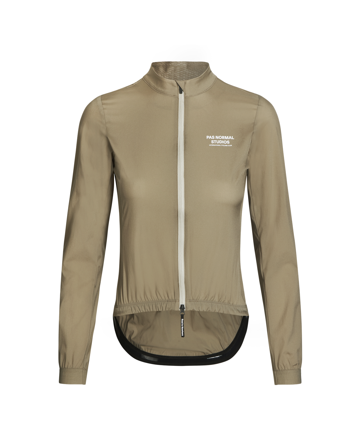 Beige Mechanism Stow Away jacket, front view with white chest logo and contrast zip