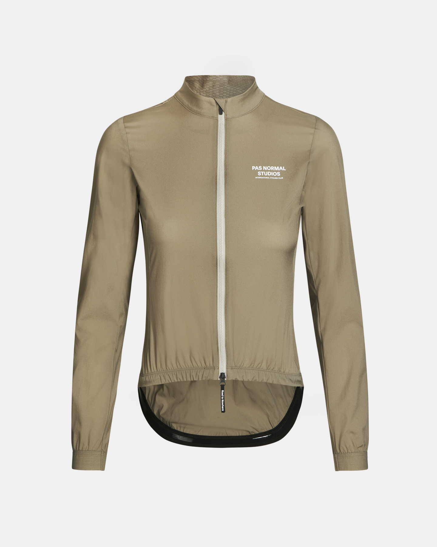 Beige Mechanism Stow Away jacket, front view with white chest logo and contrast zip