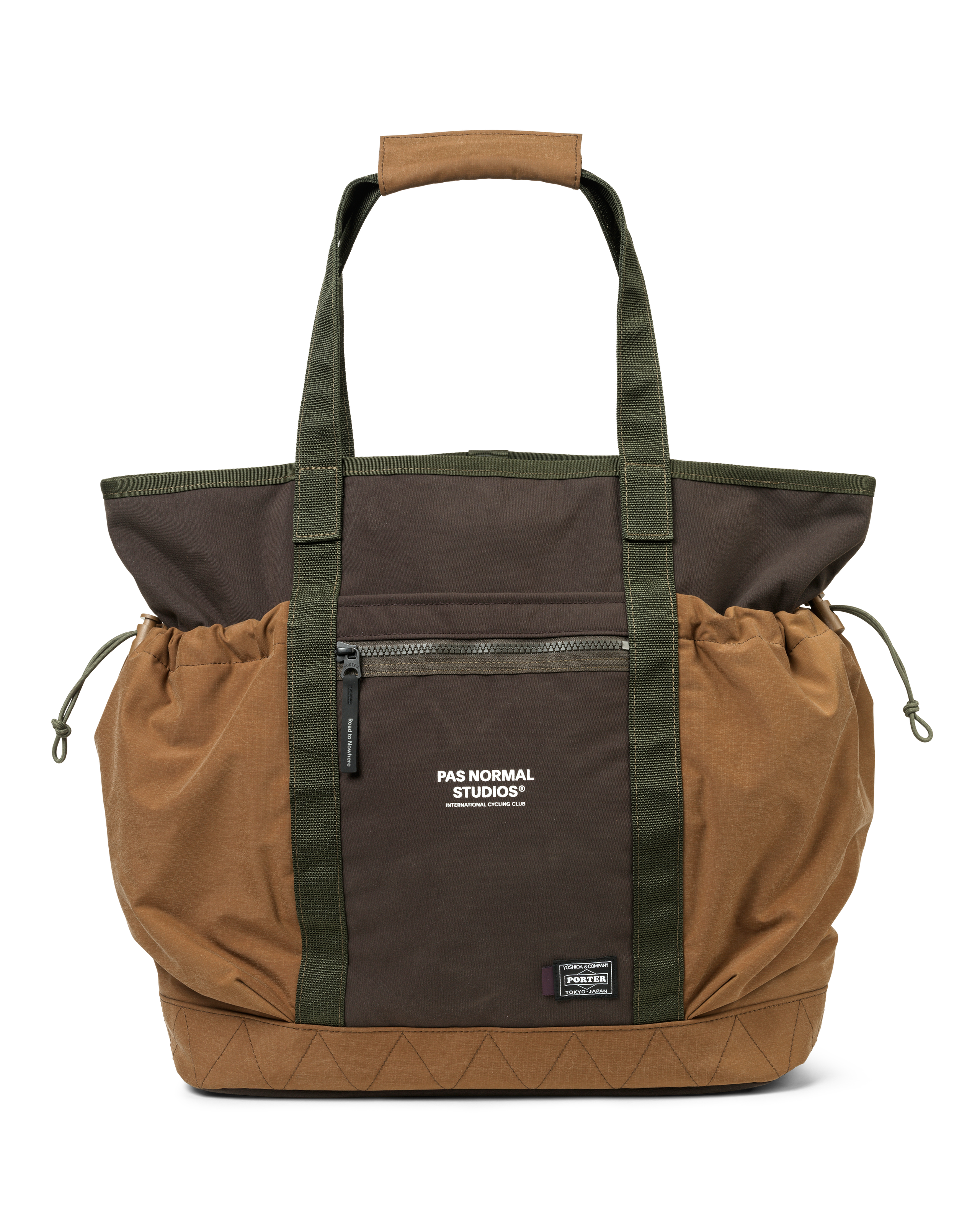 Light Brown Porter-Yoshida tote bag, front view with dark panel, olive webbing straps, and drawstring sides