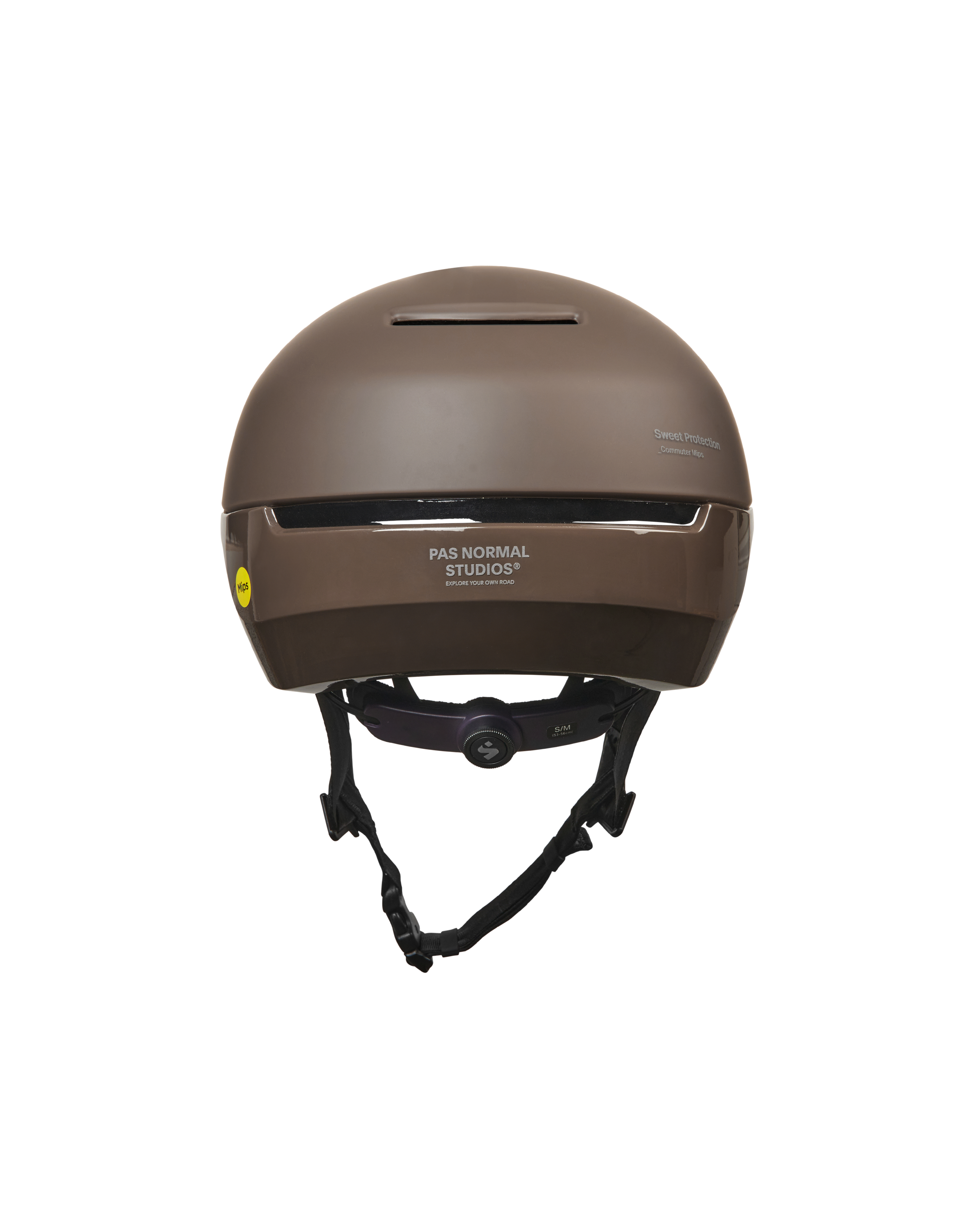 Brown Sweet Protection Commuter Mips cycling helmet, rear view with yellow MIPS safety dot