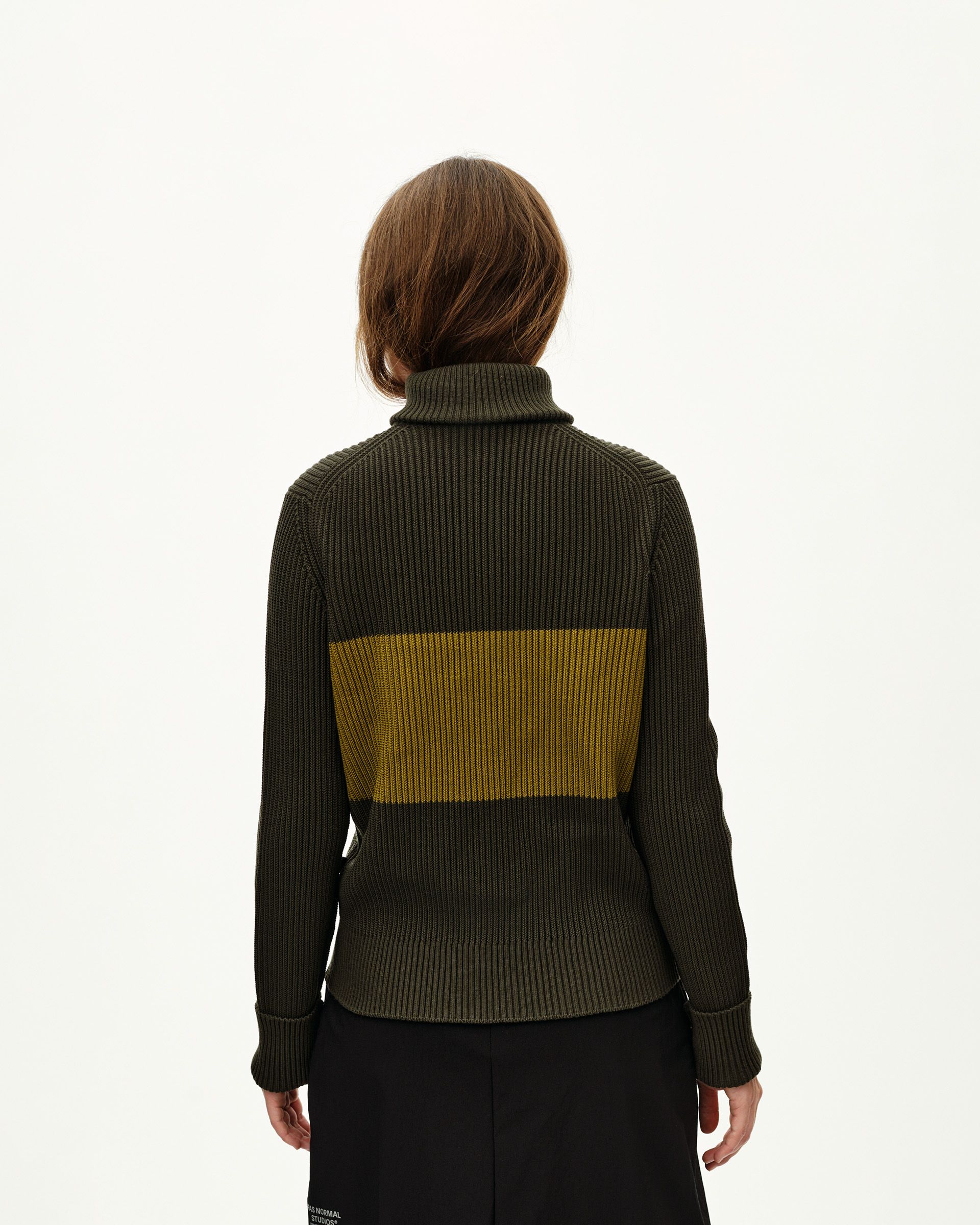 Olive Off-Race Merino Knit Half-Zip sweater, rear view on model with yellow contrast stripe
