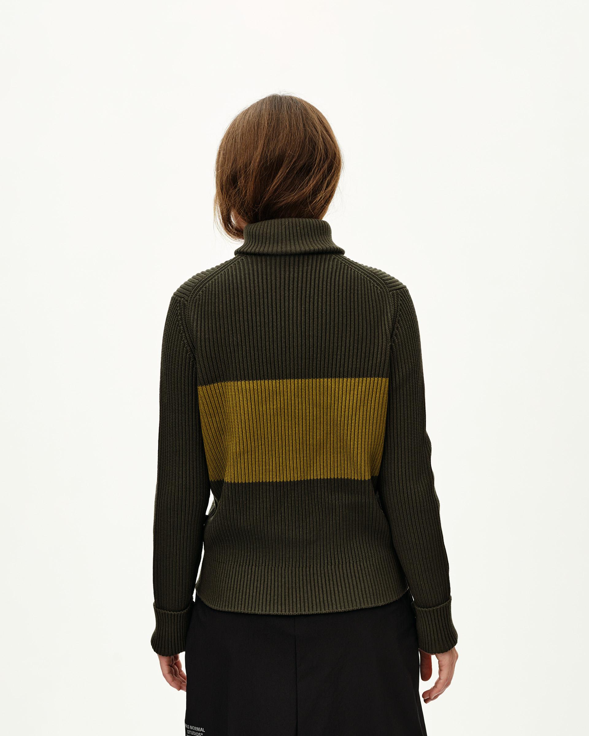 Olive Off-Race Merino Knit Half-Zip sweater, rear view on model with yellow contrast stripe