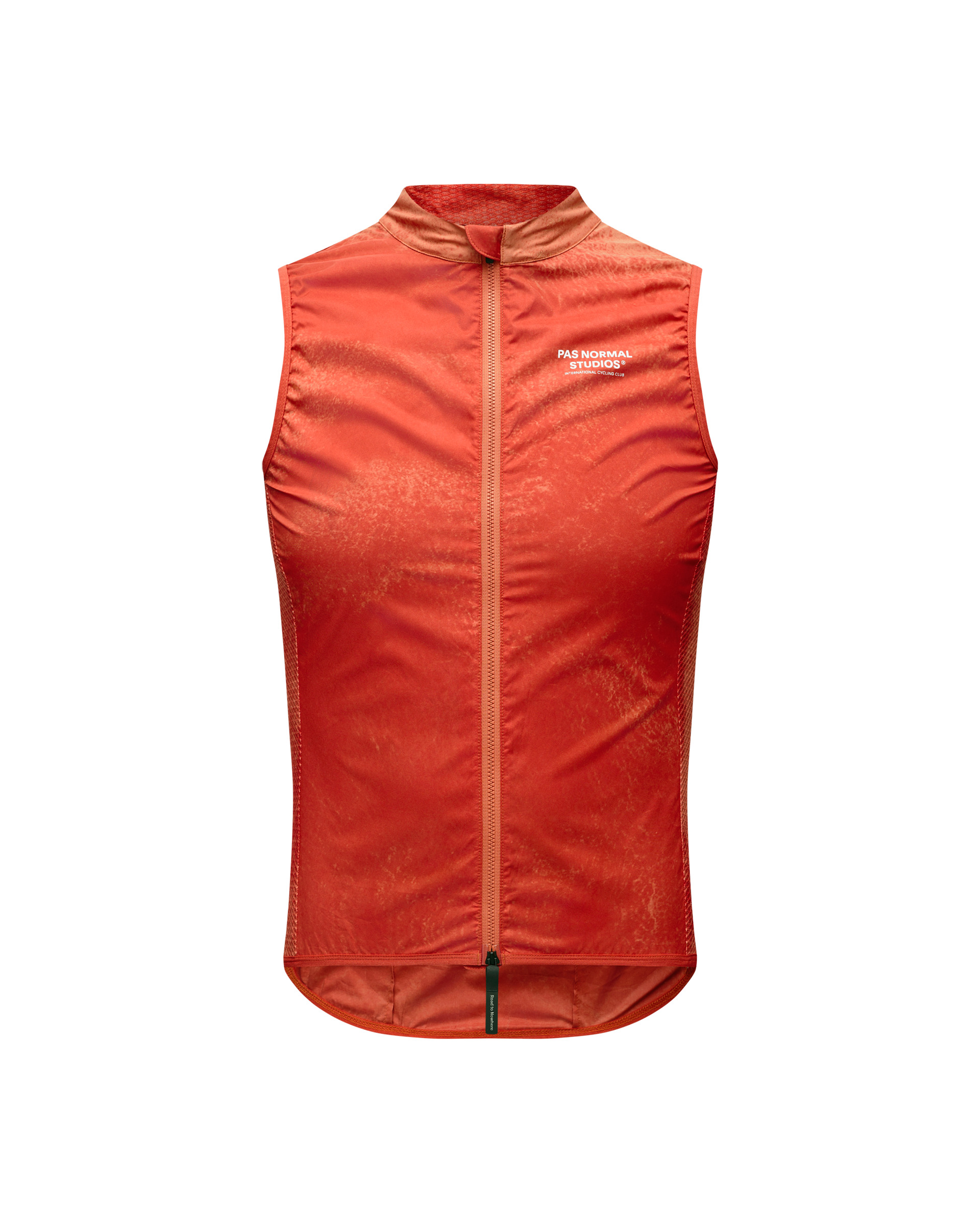Orange Mechanism Stow Away cycling gilet, front view with full zip and white chest logo