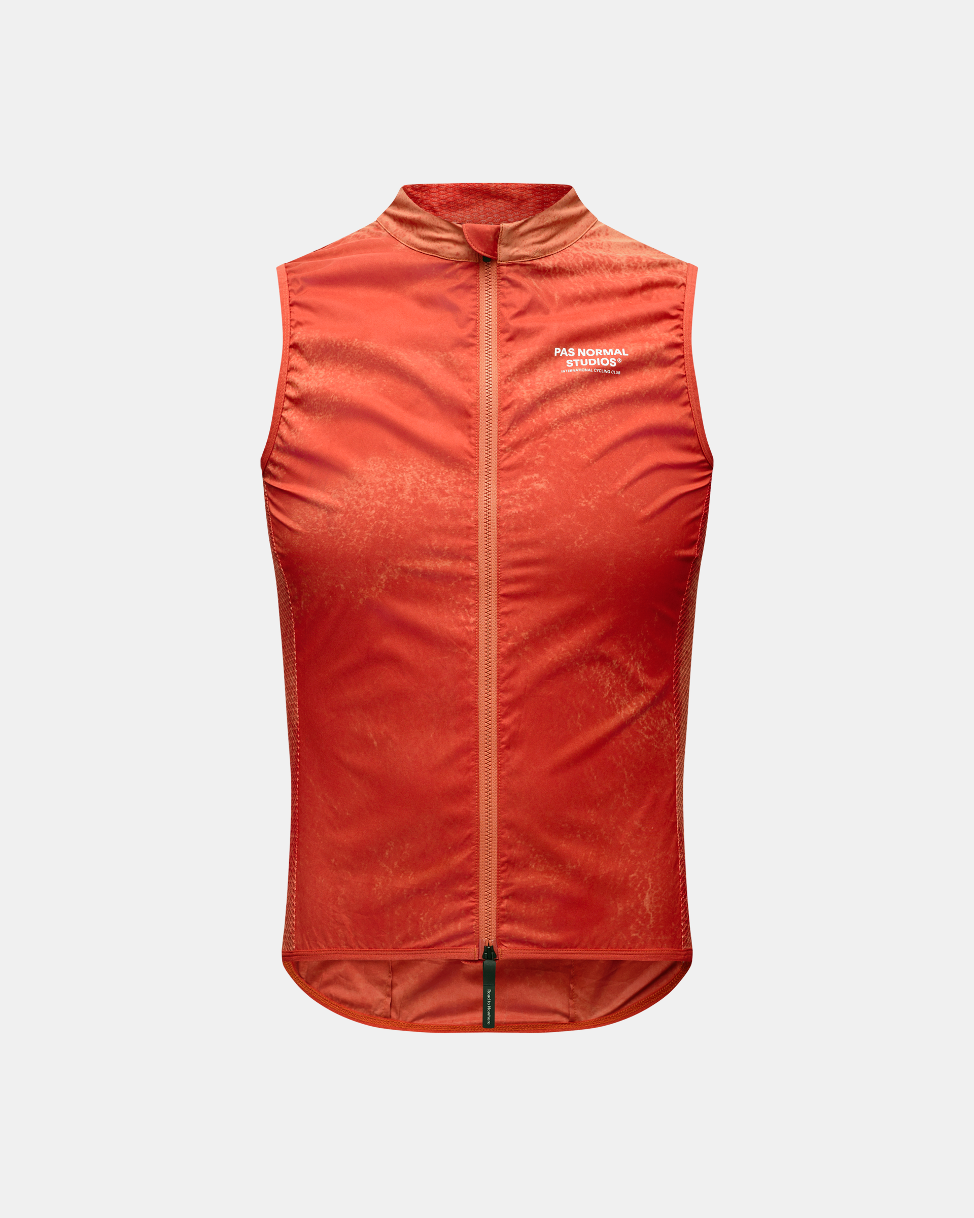 Orange Mechanism Stow Away cycling gilet, front view with full zip and white chest logo