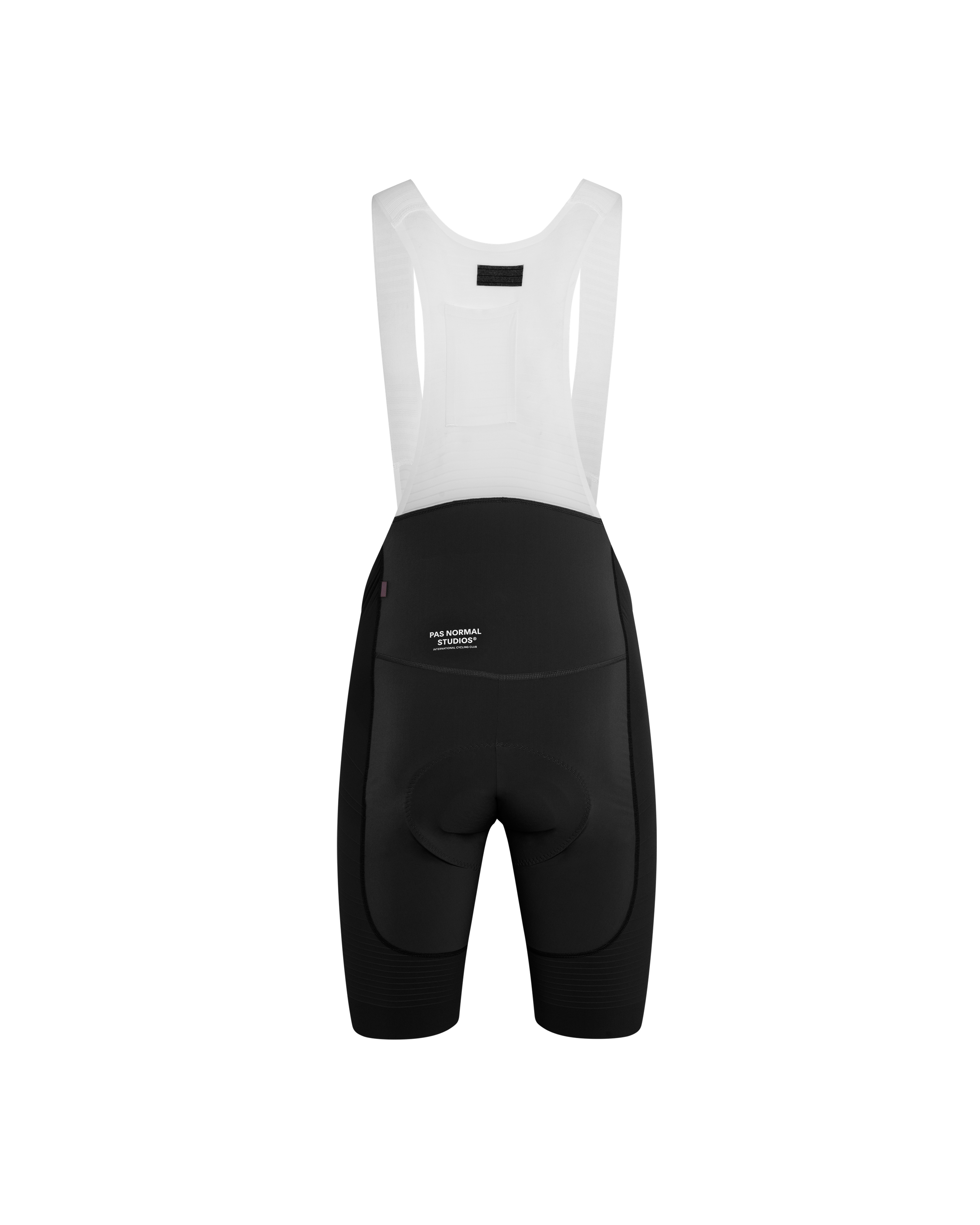 Black Mechanism Pro cycling bibs, rear view with white shoulder straps and branded waistband
