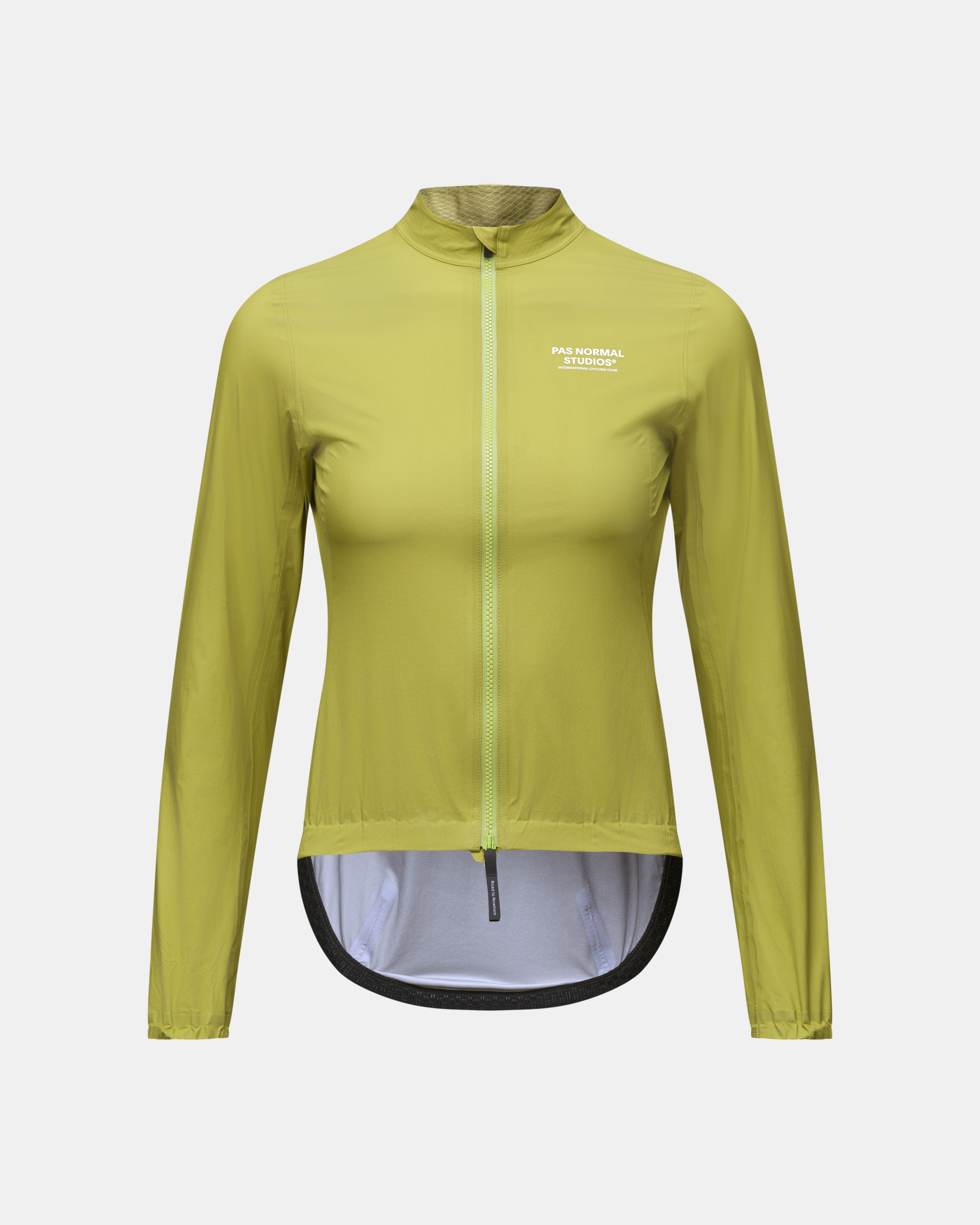 Green Mechanism Rain cycling jacket, front view on model with full zip and extended rear hem