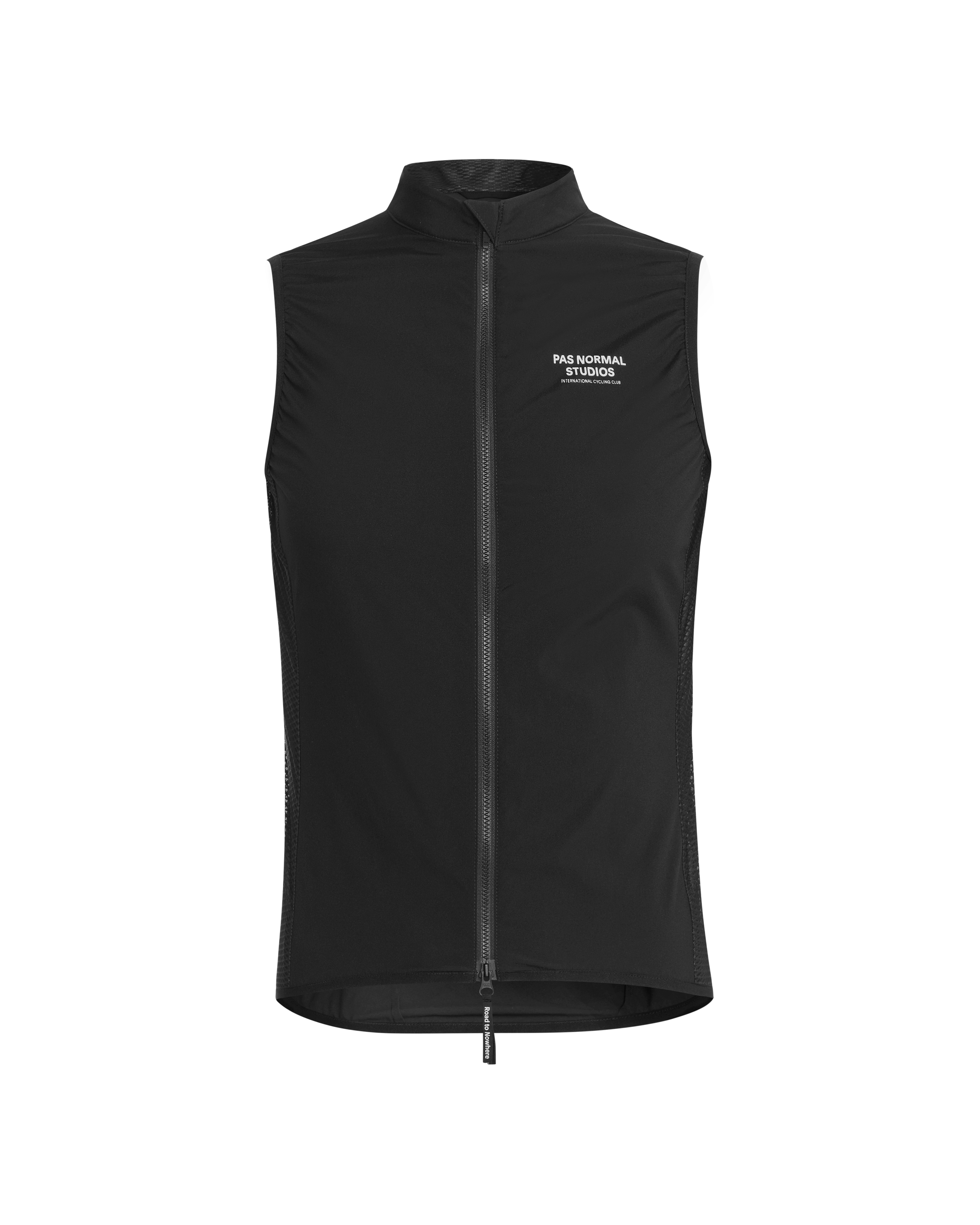 Black Mechanism Stow Away gilet, front flat lay with full zip and white chest logo
