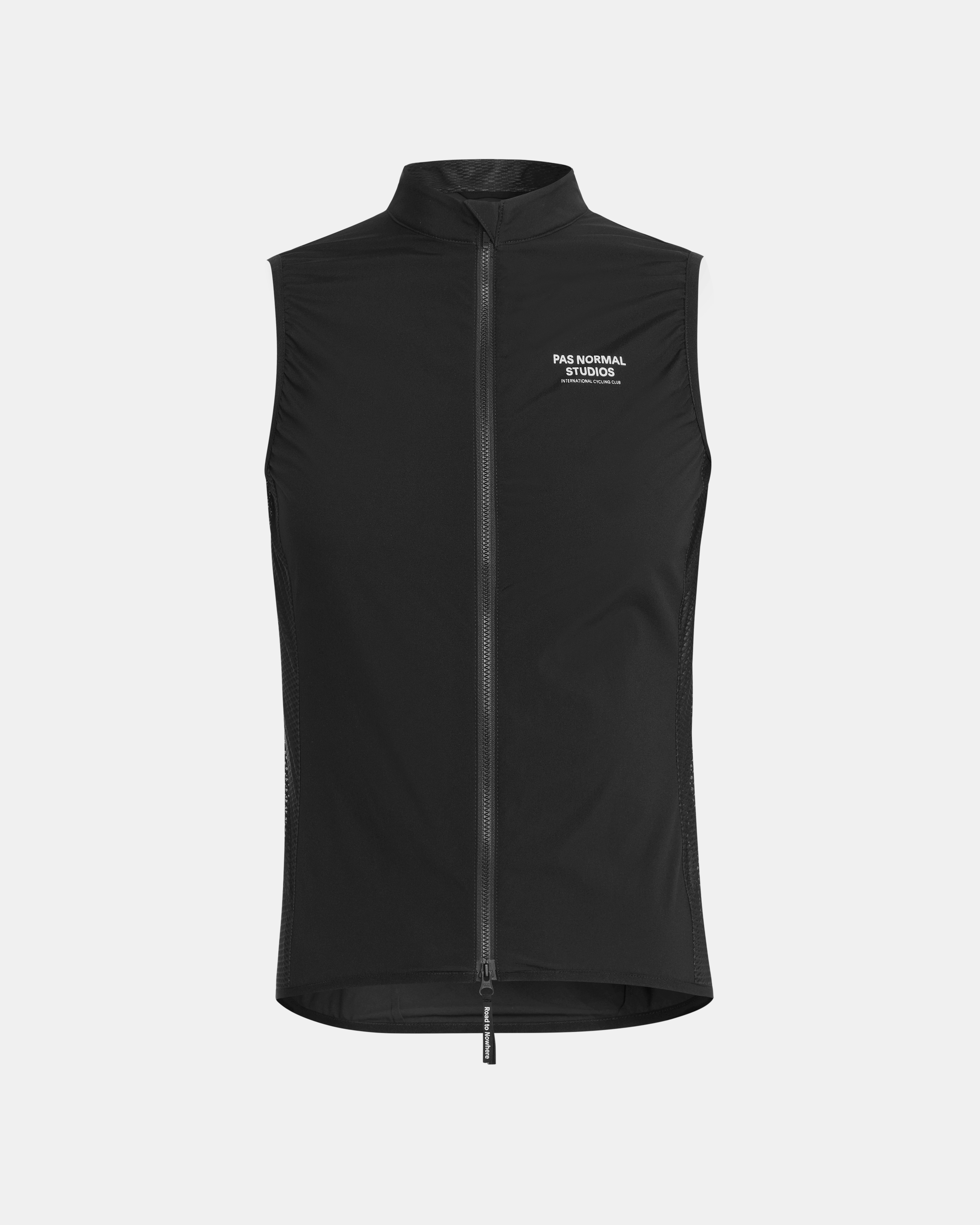 Black Mechanism Stow Away gilet, front flat lay with full zip and white chest logo