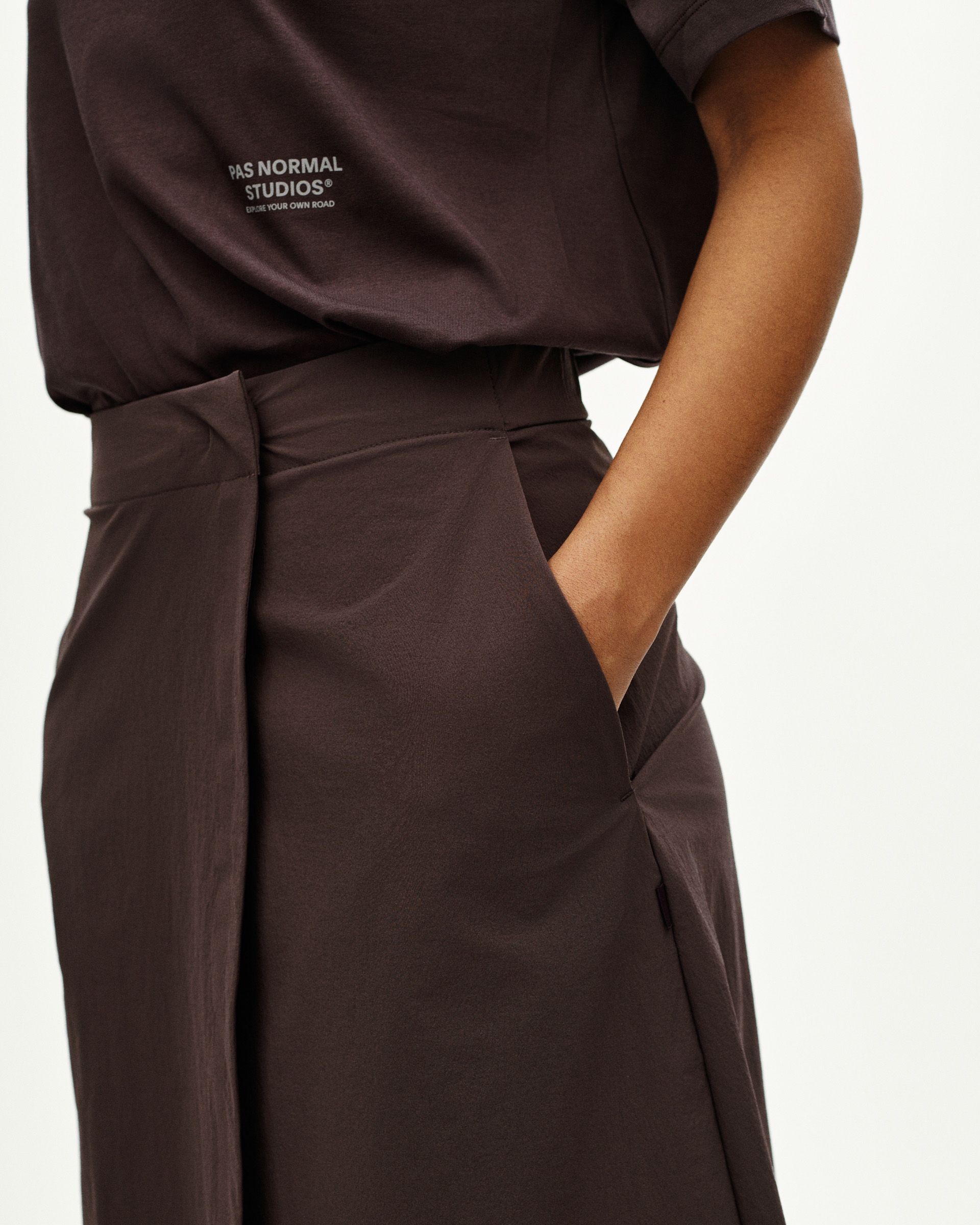 Purple Off-Race Tech Skirt on model, front view with high waistband and side pocket