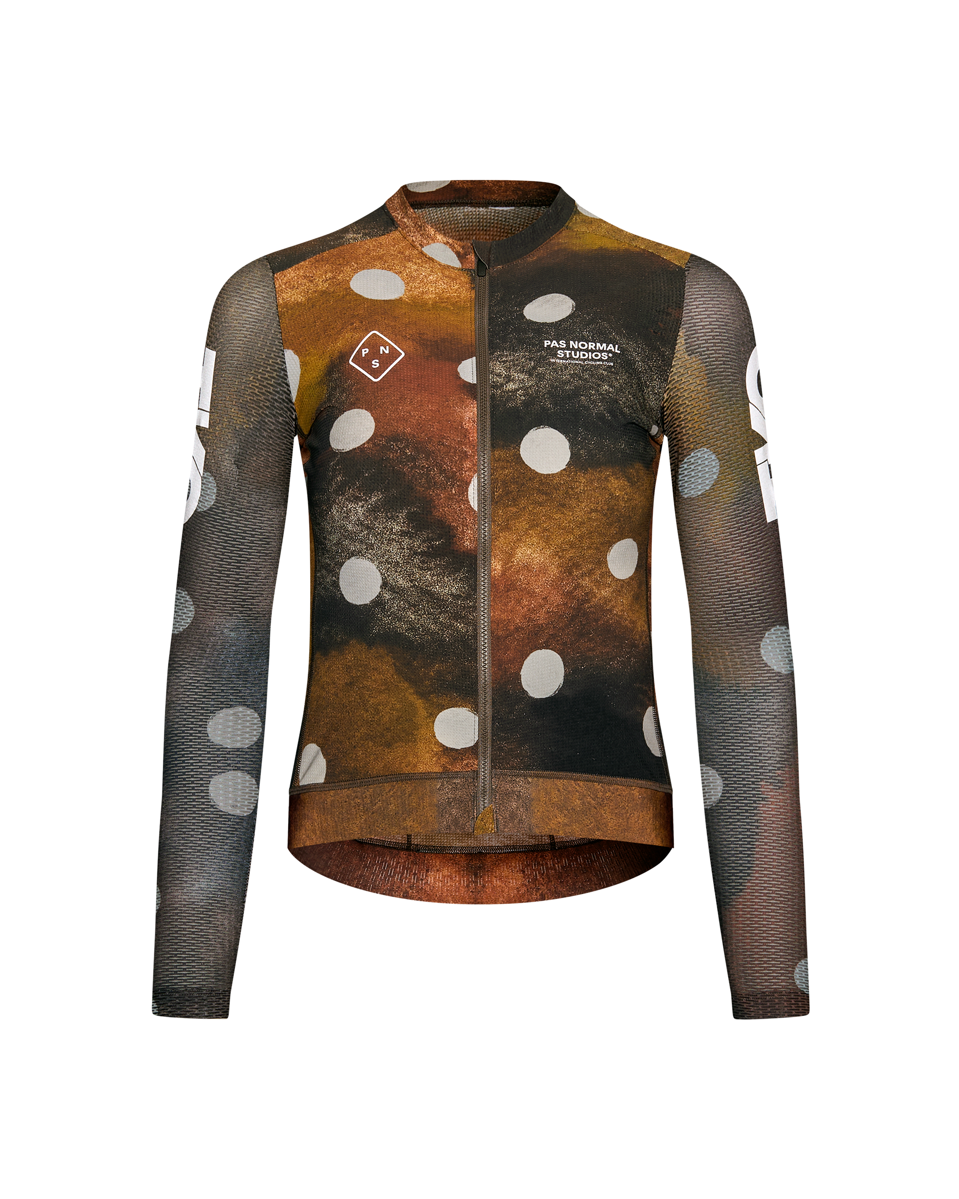 Brown T.K.O. Essential Light long sleeve cycling jersey, front view with polka dot print