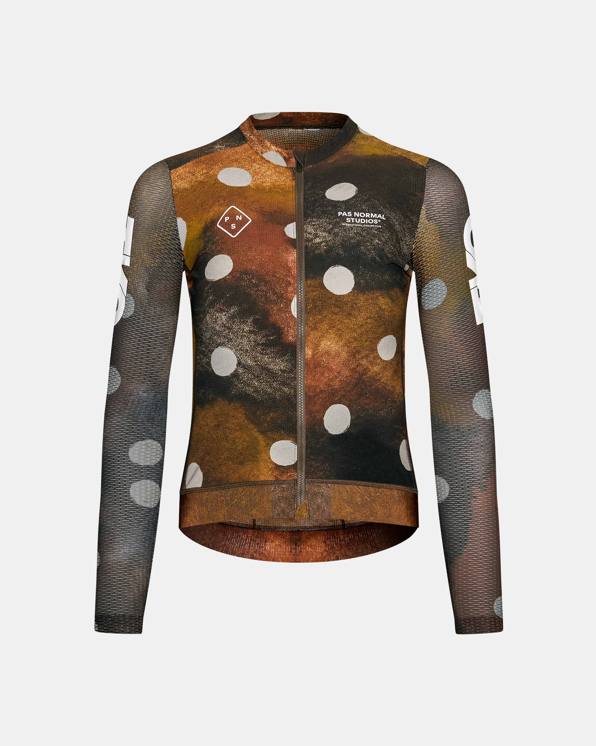 Brown T.K.O. Essential Light long sleeve cycling jersey, front view with polka dot print