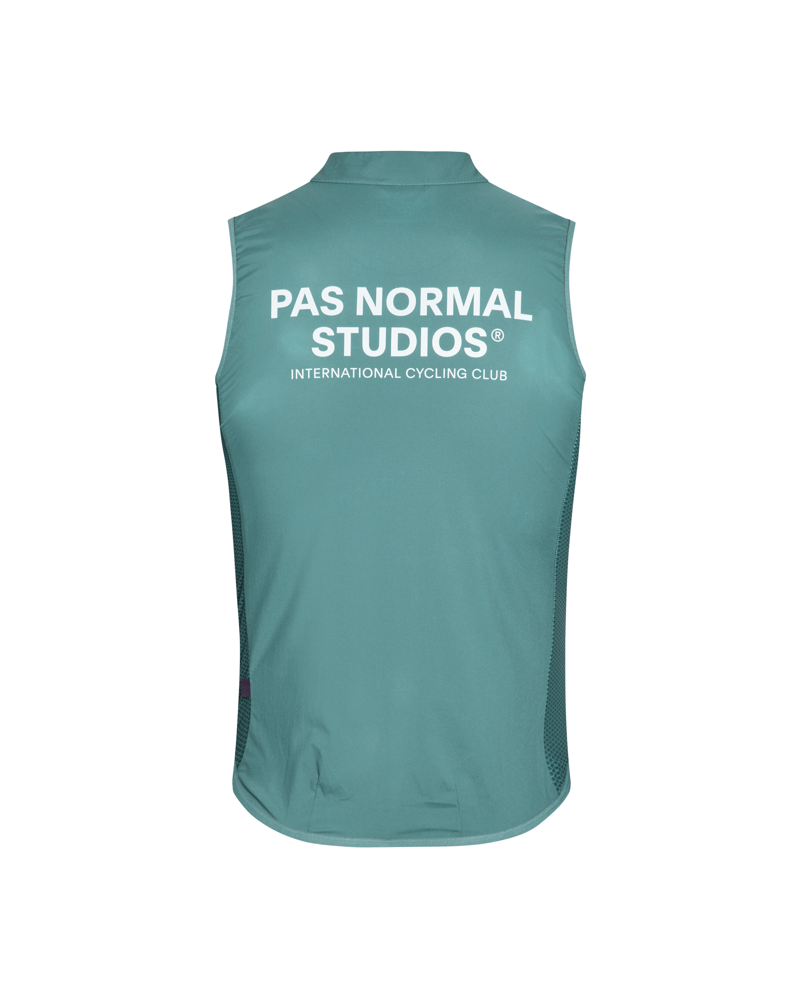 Grey Mechanism Stow Away gilet, rear flat lay with white chest print and mesh side panels
