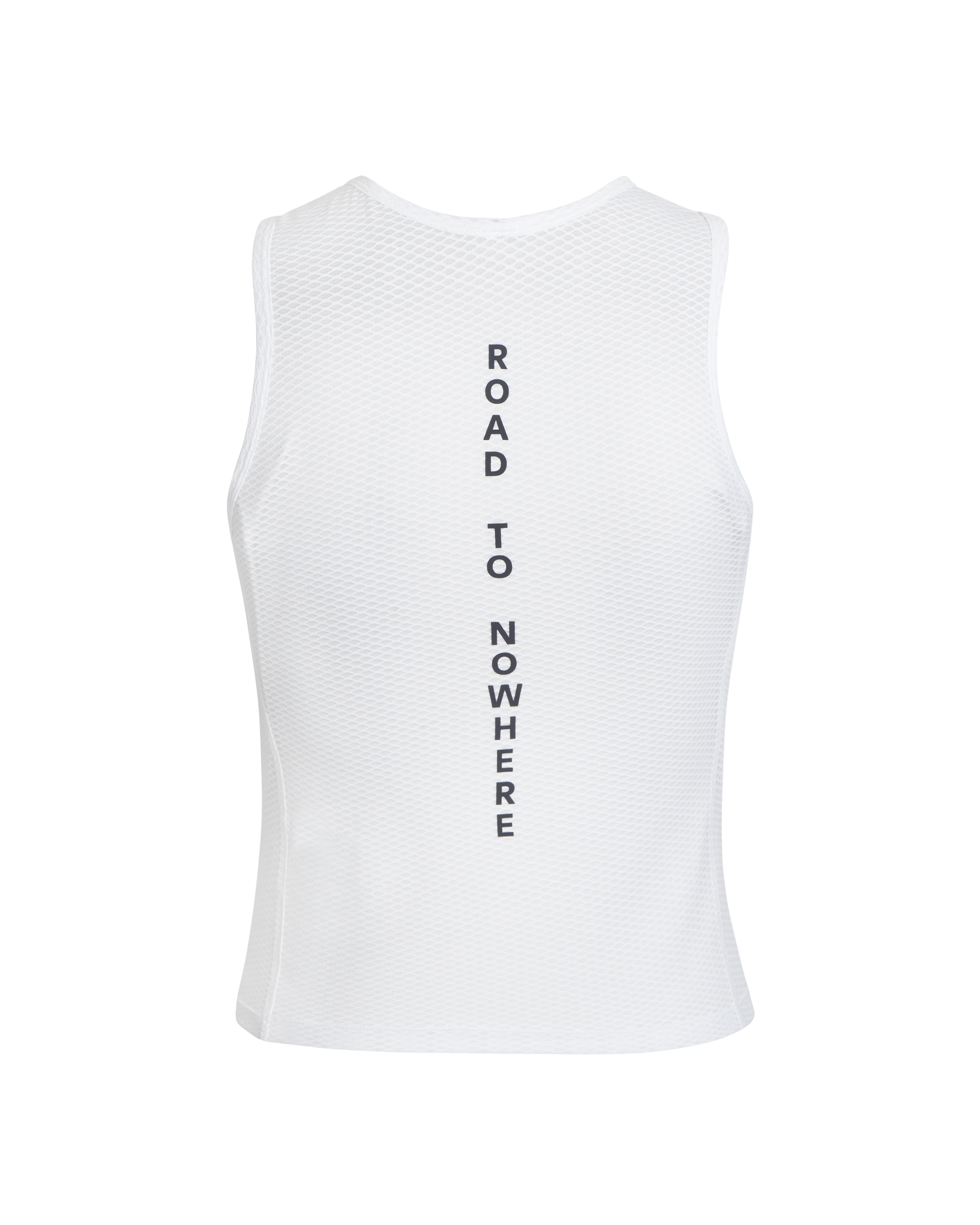 White Mechanism sleeveless base layer, front view with vertical text print