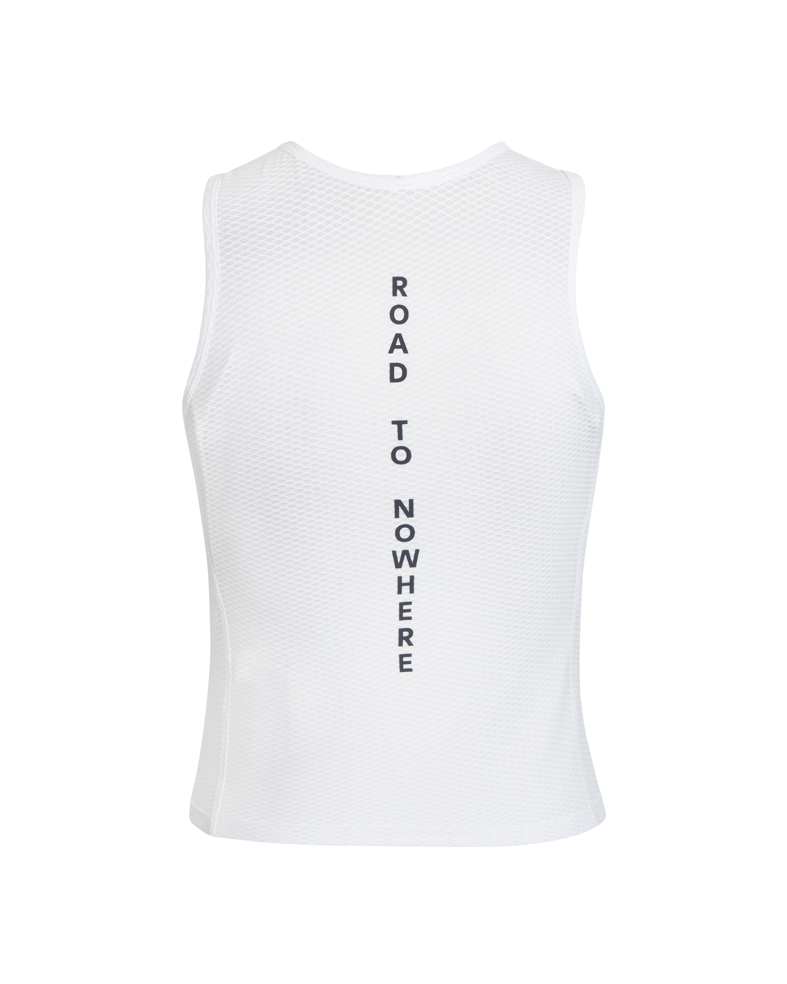 White Mechanism sleeveless base layer, front view with vertical text print