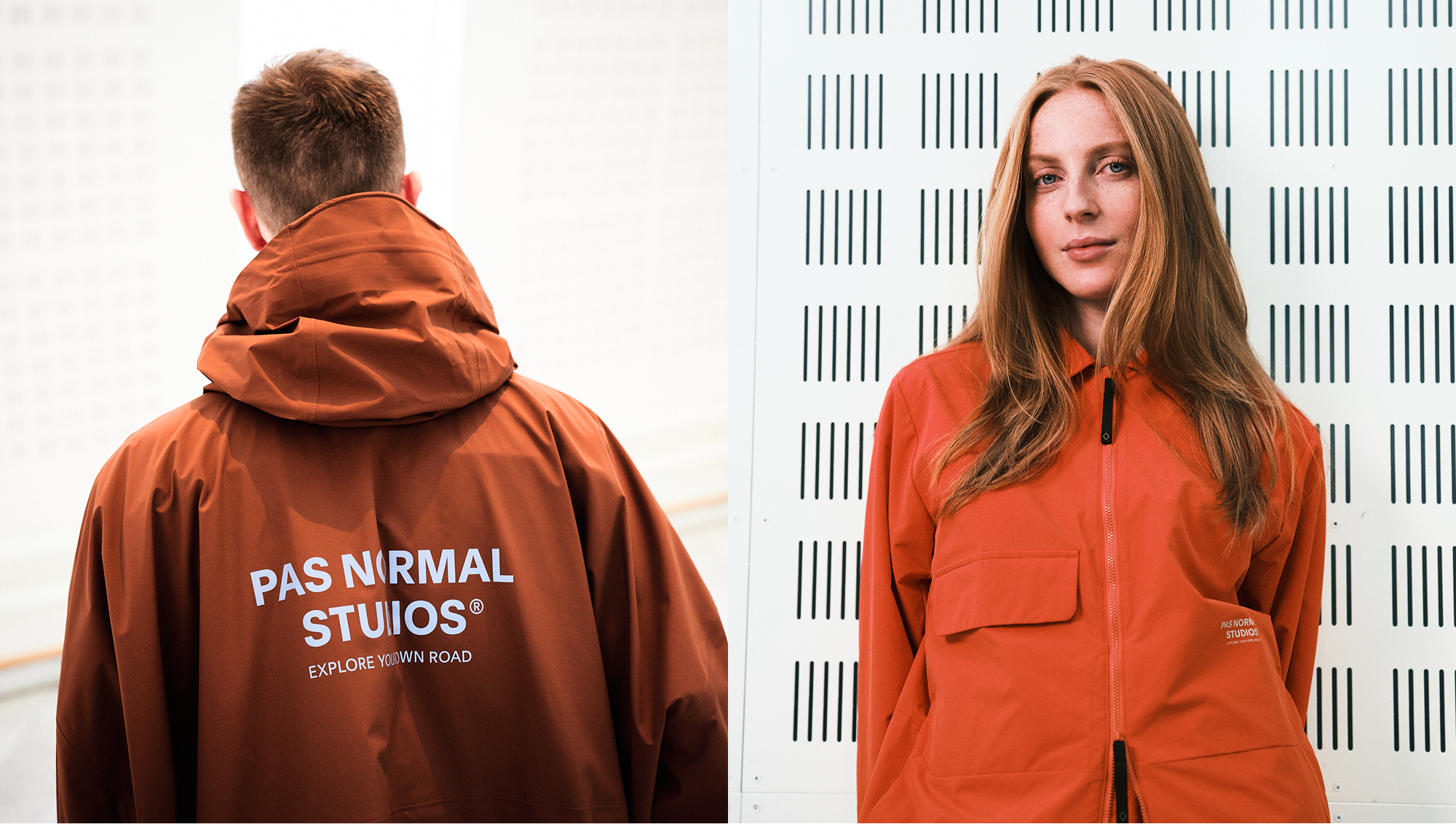 Models wearing orange Off-Race jackets with hood and front zip, showing back branding and front view