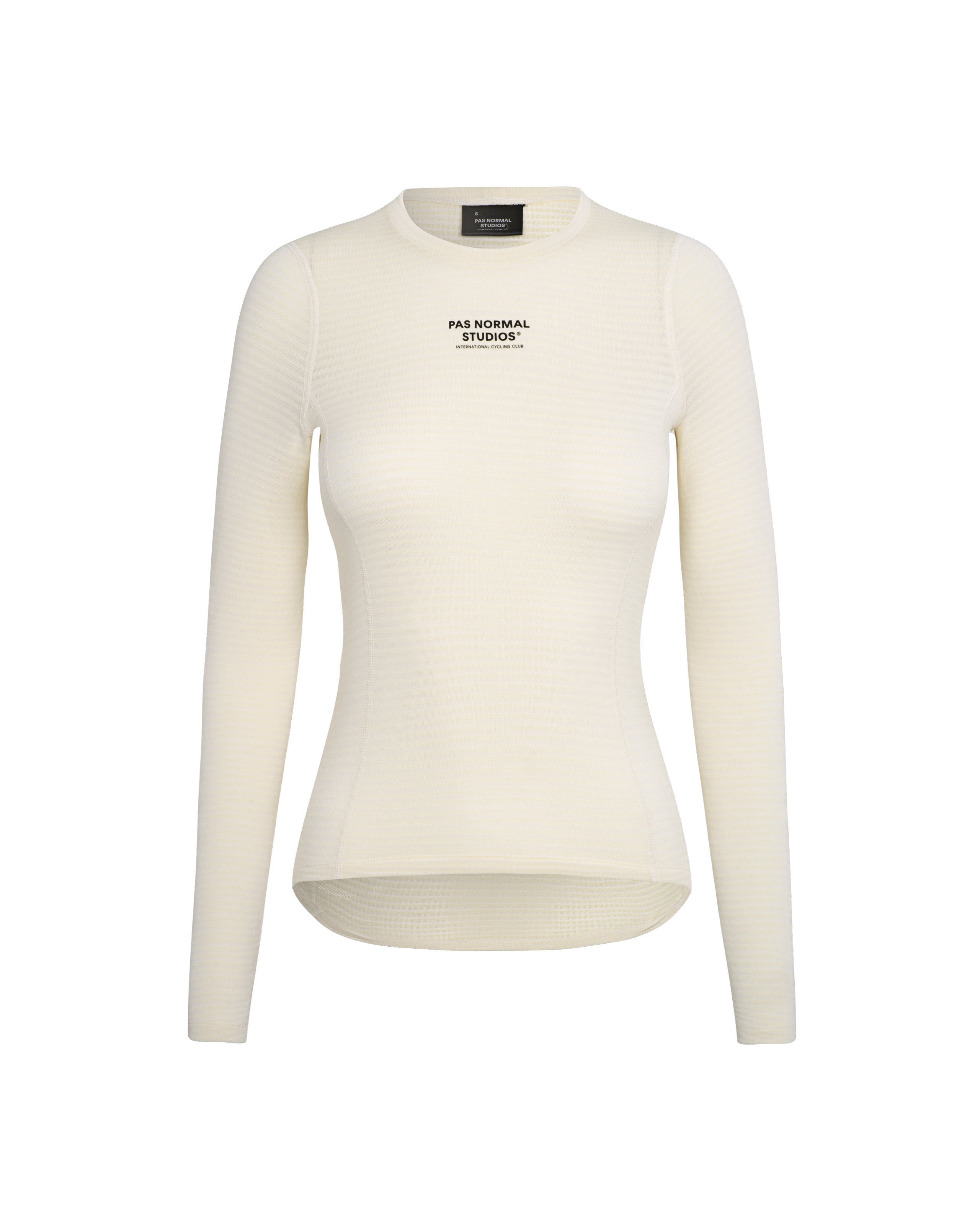 Off White thermal long sleeve base layer, front view with black chest print