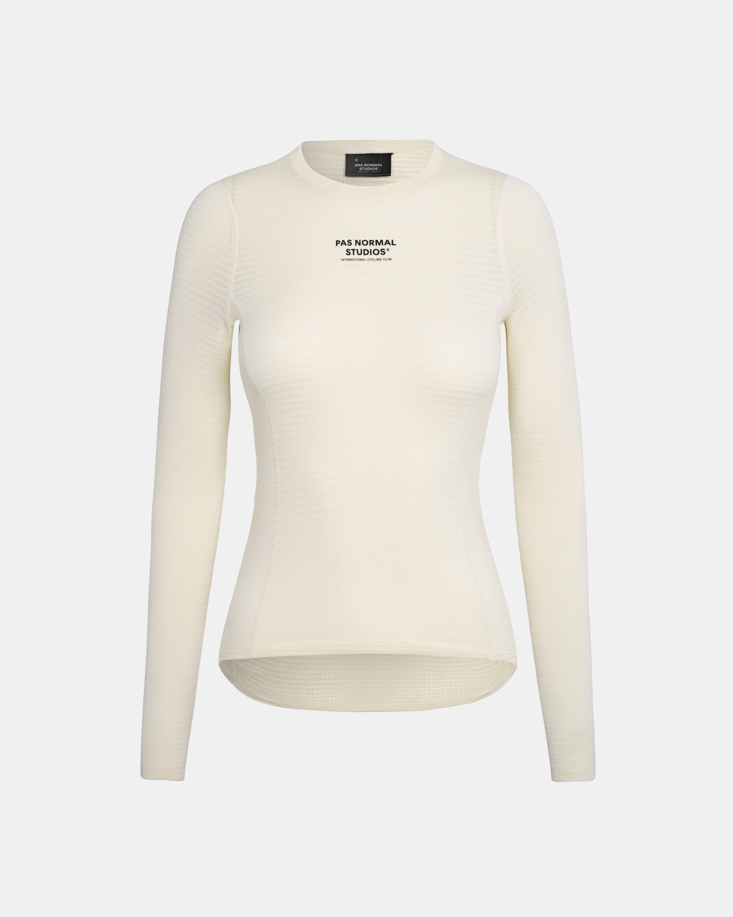 Off White thermal long sleeve base layer, front view with black chest print
