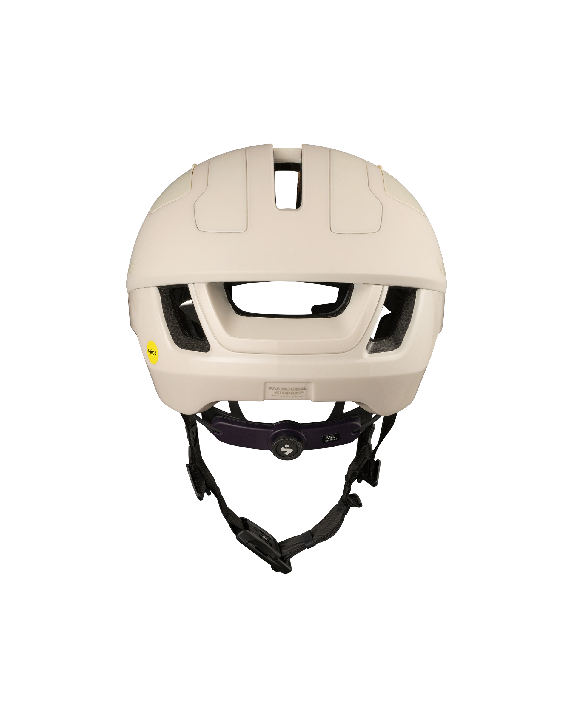 Off White Sweet Protection Falconer Aero 2Vi MIPS cycling helmet, front view with purple retention dial and black straps