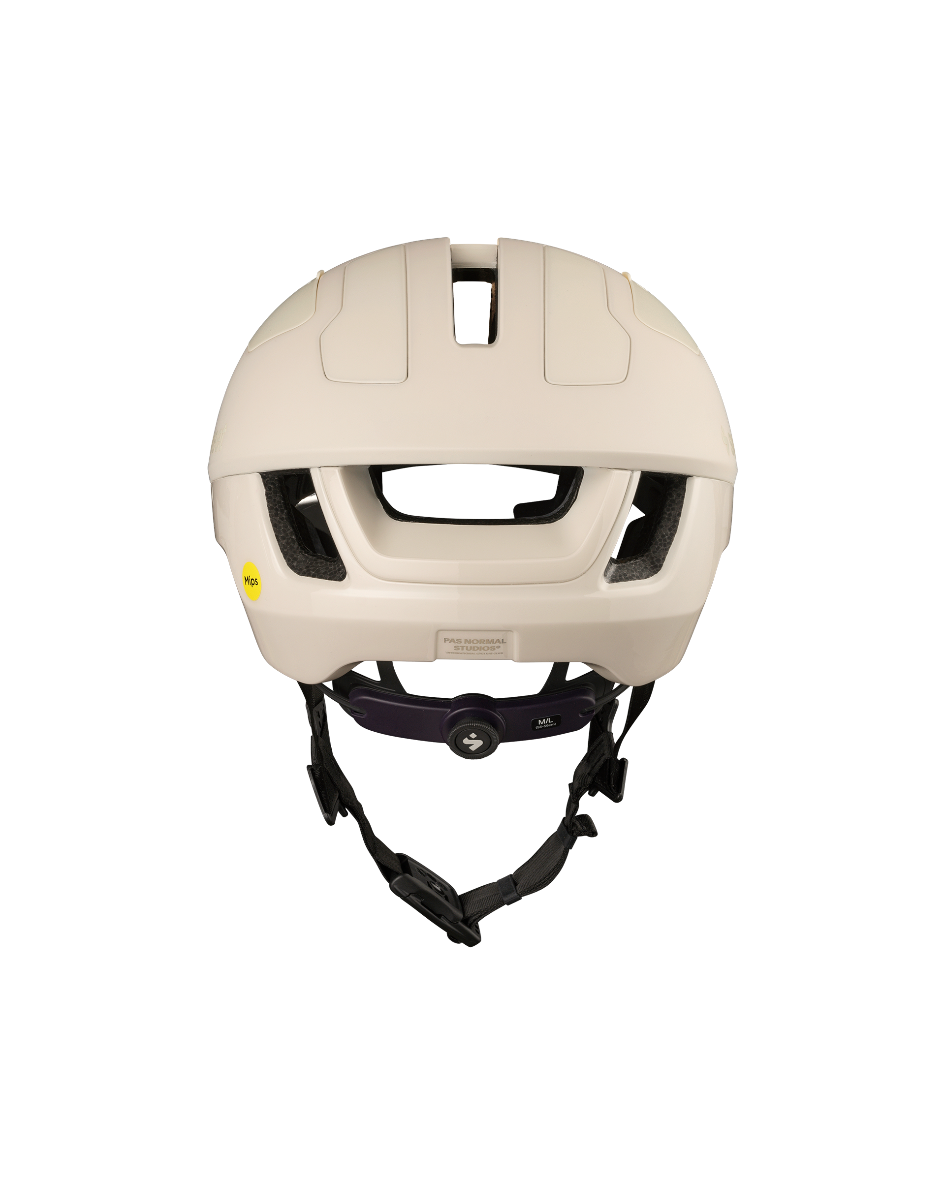 Off White Sweet Protection Falconer Aero 2Vi MIPS cycling helmet, front view with purple retention dial and black straps