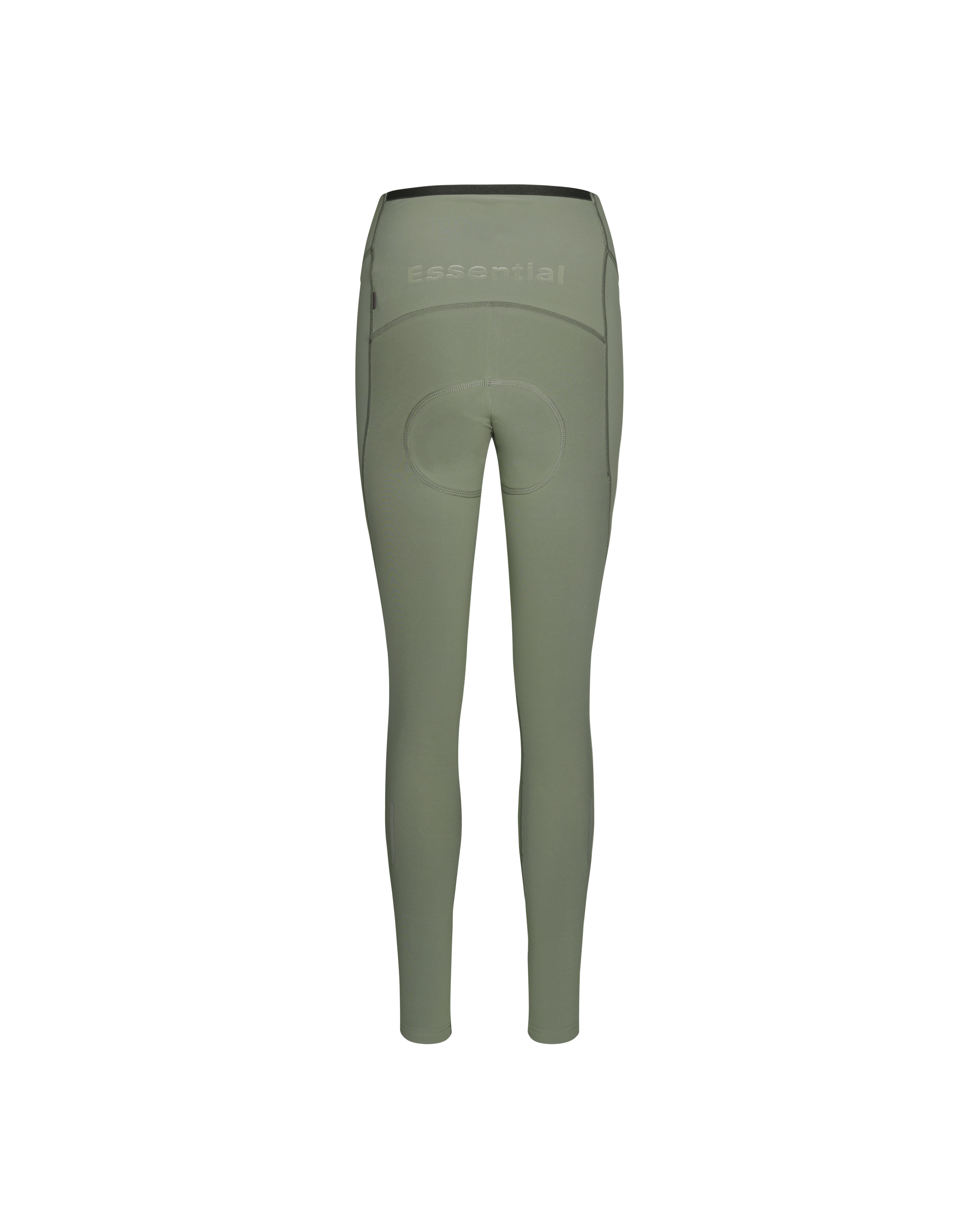 Green Essential Thermal Long cycling tights, rear view with Essential text on waistband