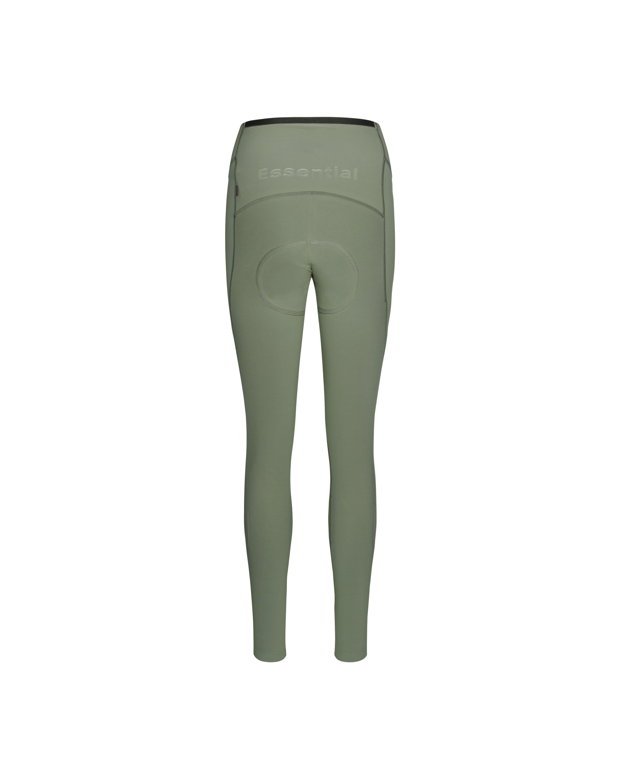 Green Essential Thermal Long cycling tights, rear view with Essential text on waistband