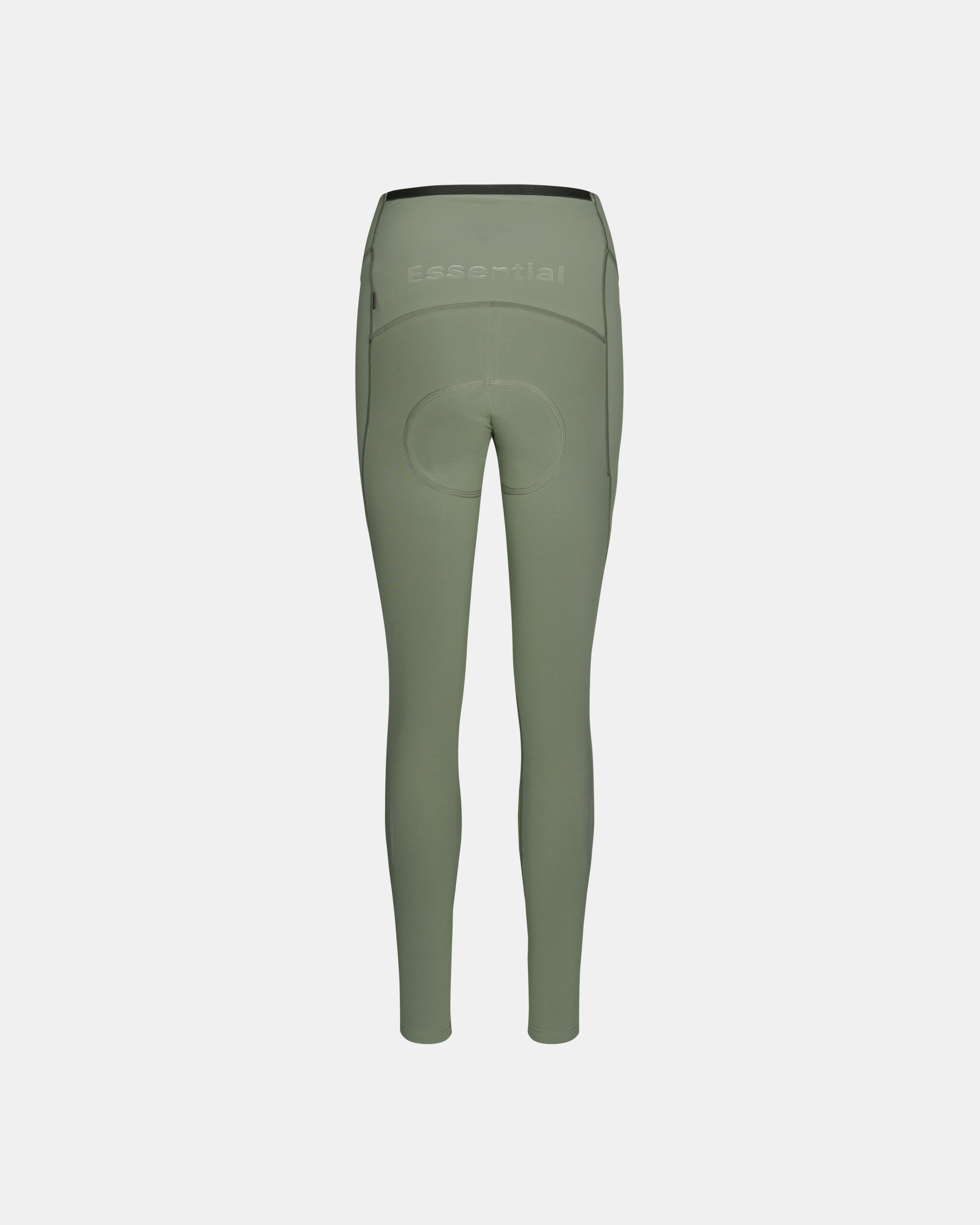 Green Essential Thermal Long cycling tights, rear view with Essential text on waistband