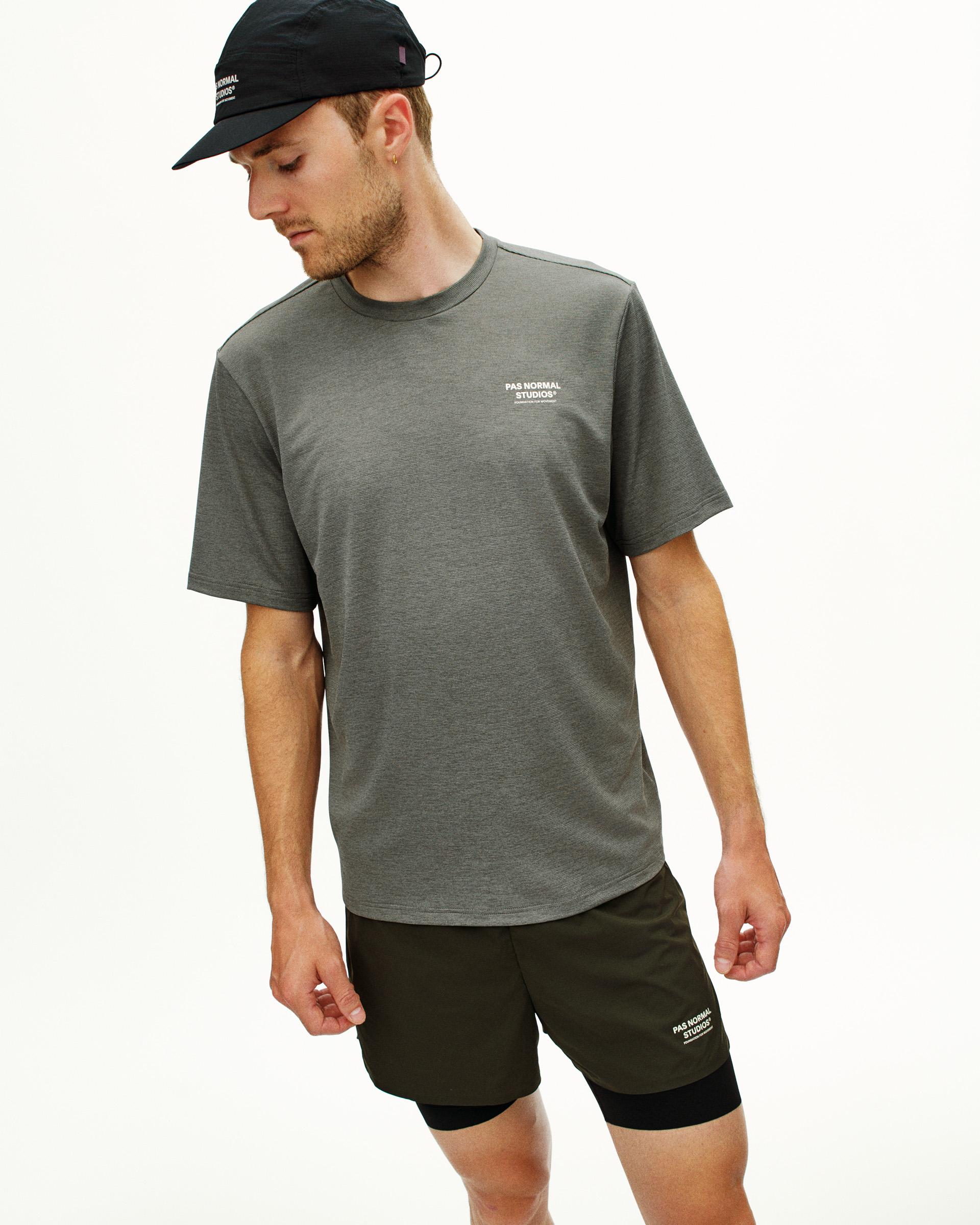 Grey Balance t-shirt on model with white chest logo