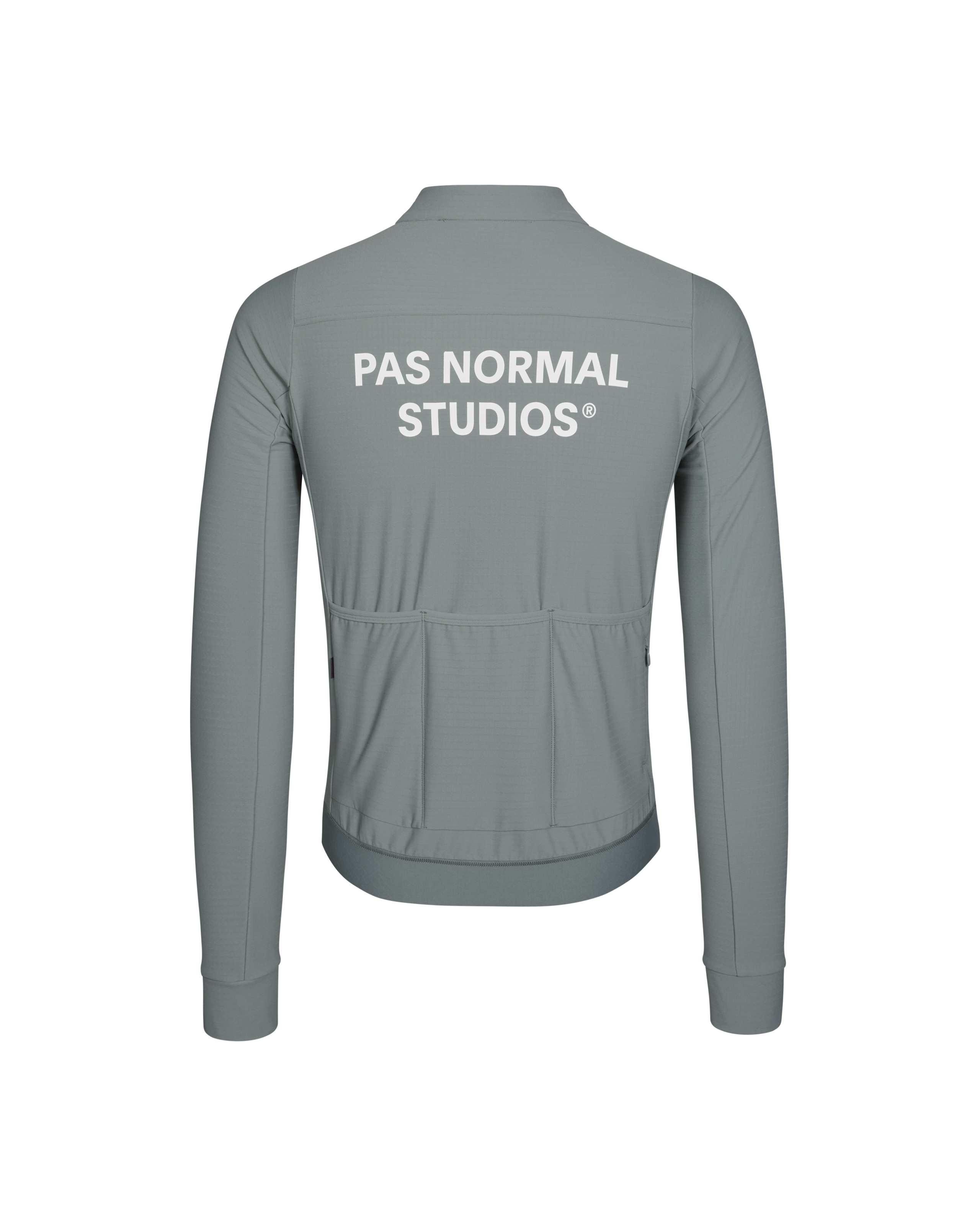 Grey Essential long sleeve cycling jersey, rear flat lay with white brand text and three pockets