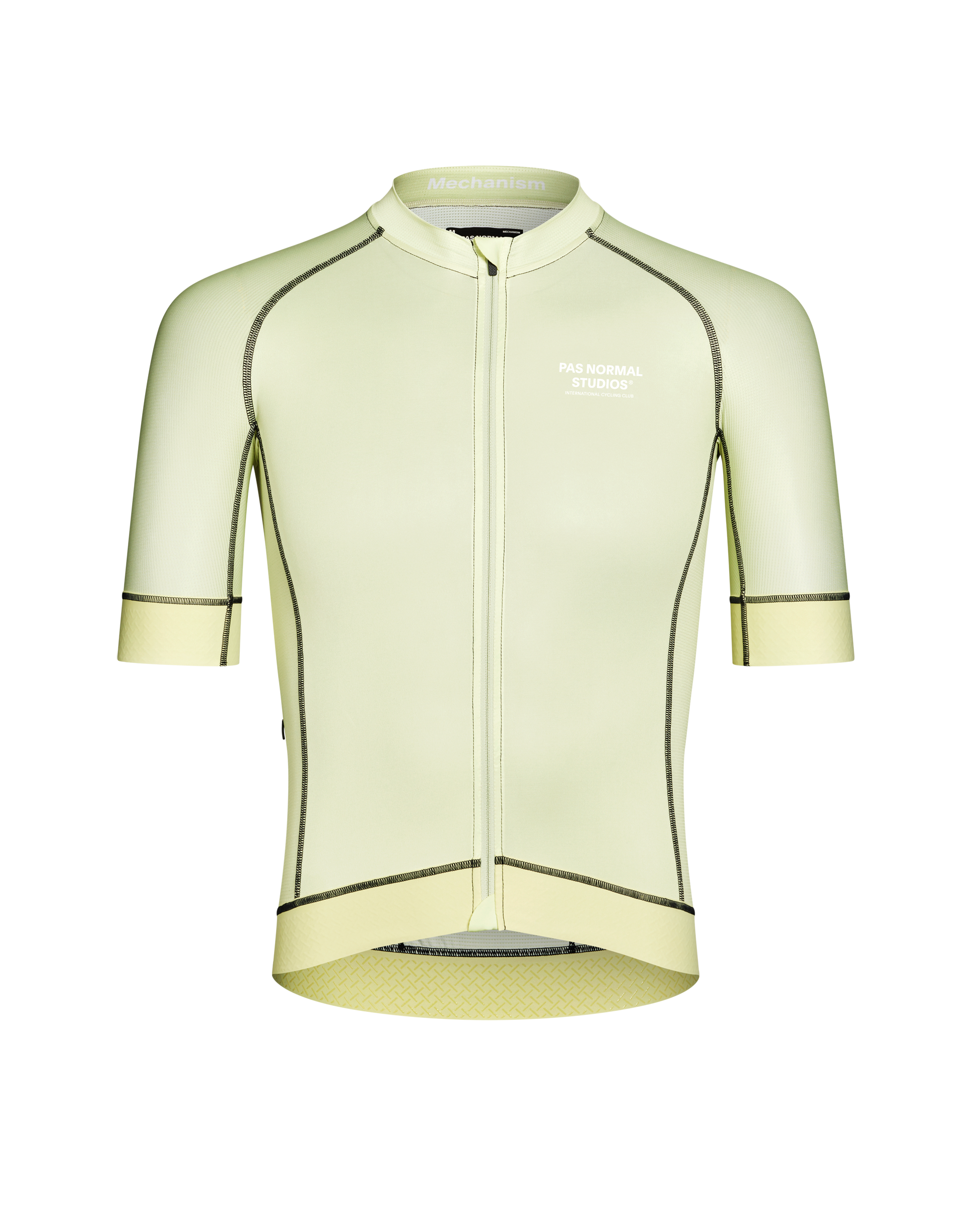 Green Mechanism cycling jersey, front view with contrast stitching
