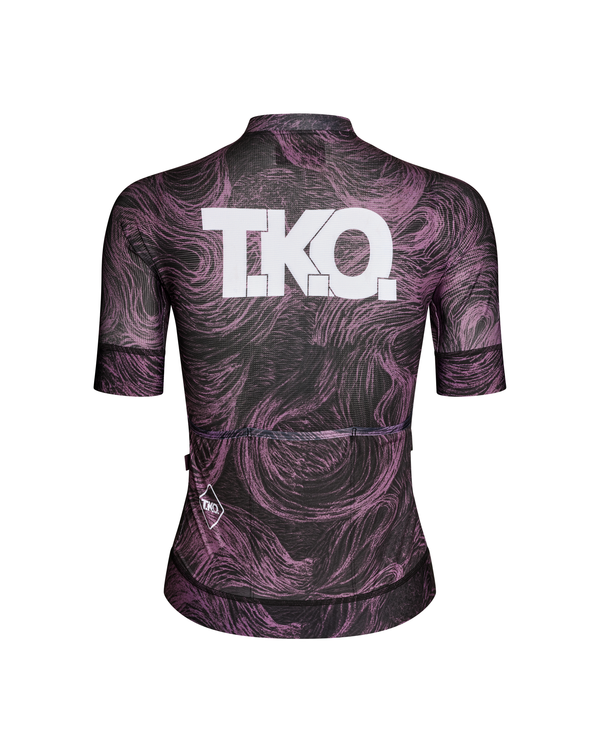 Mauve T.K.O. Mechanism women's cycling jersey, rear flat lay with swirl print and white back logo