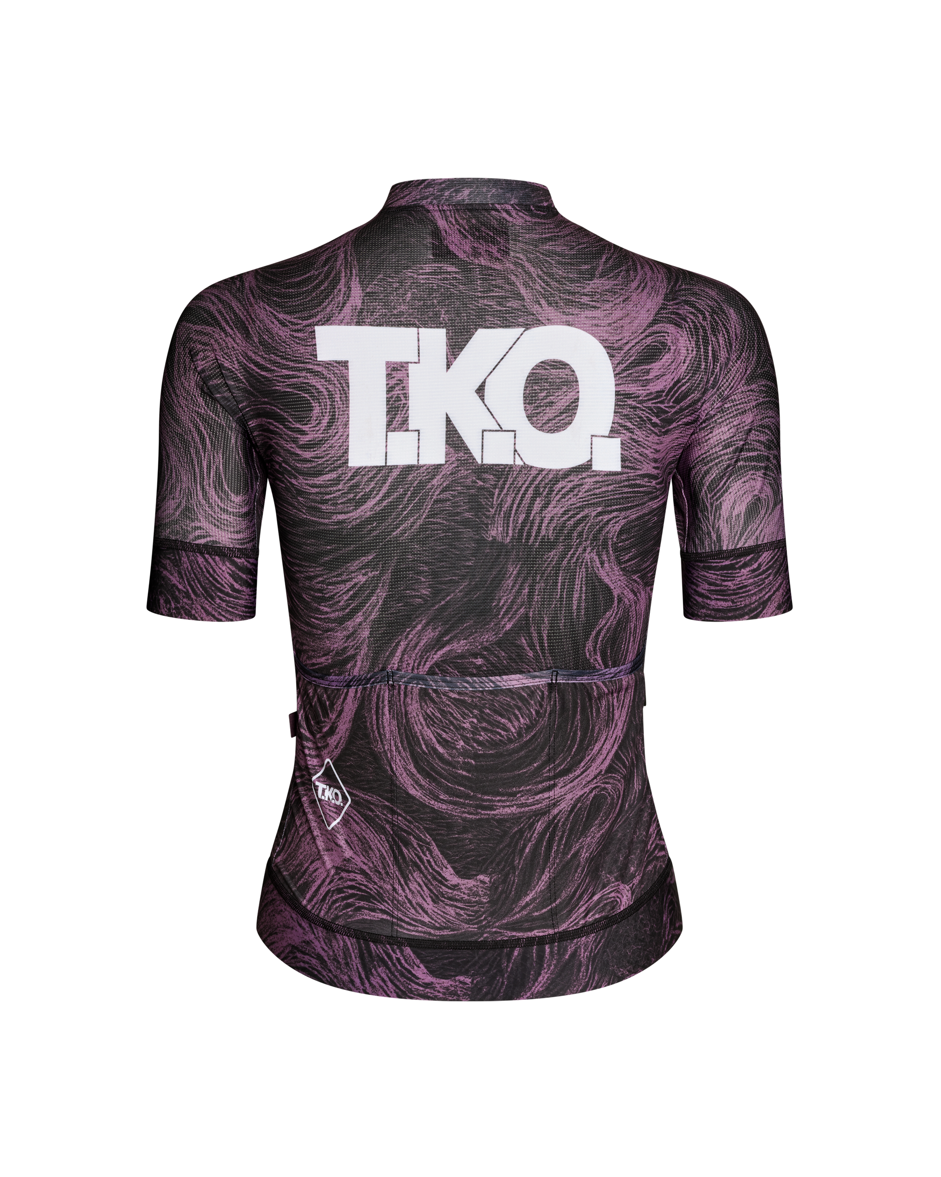 Mauve T.K.O. Mechanism women's cycling jersey, rear flat lay with swirl print and white back logo
