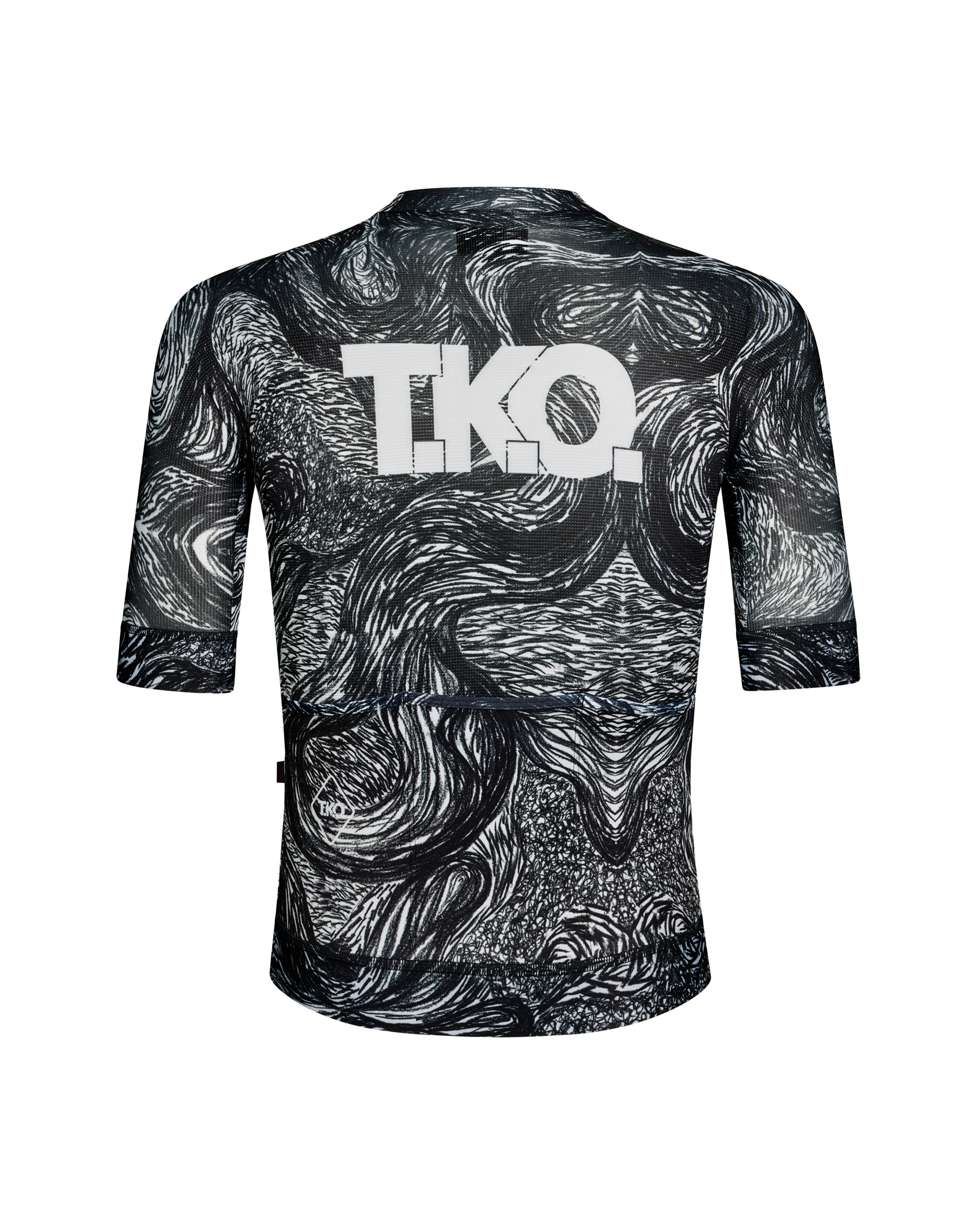 Iron Grey T.K.O. Mechanism cycling jersey, rear flat lay with swirling black and white graphic print and white chest logo