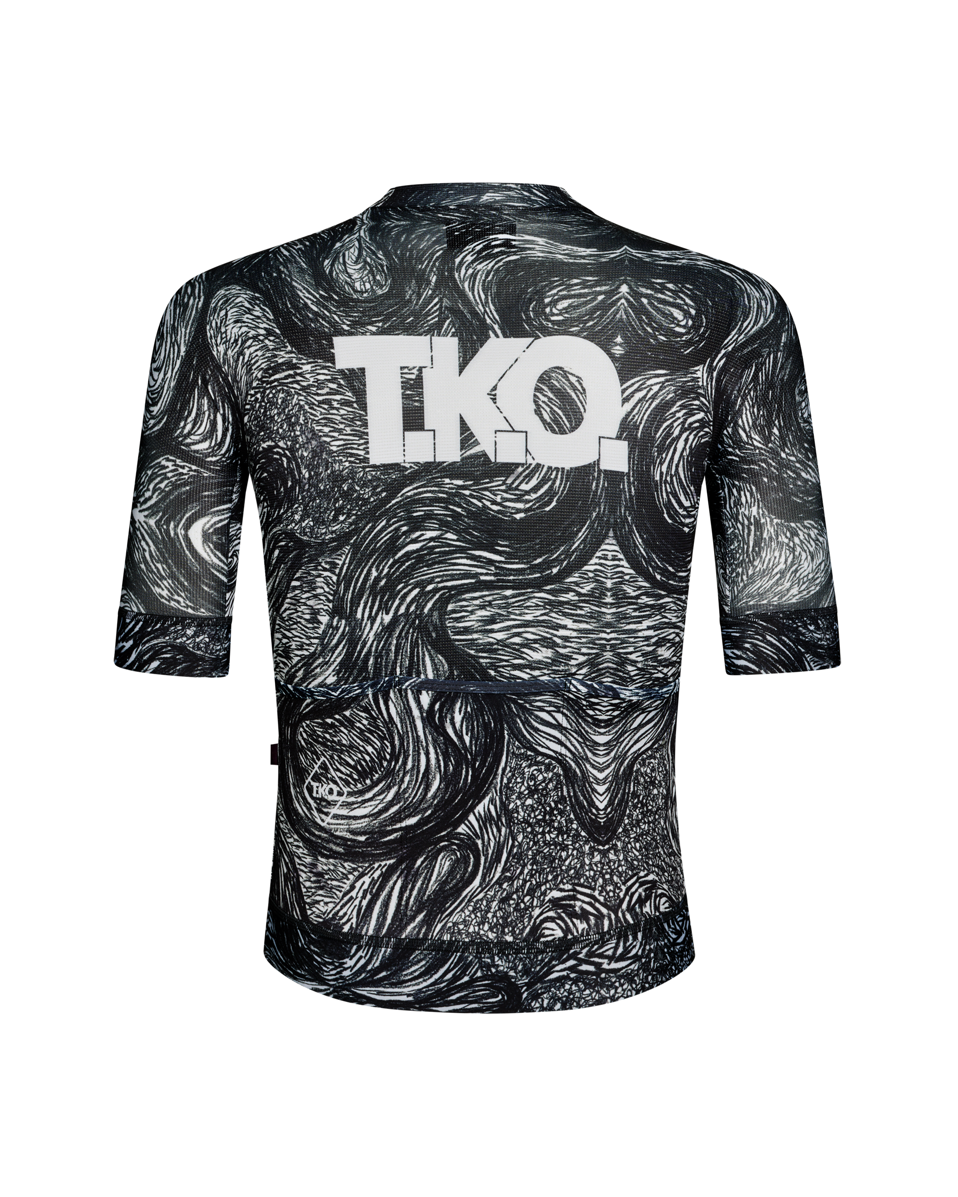 Iron Grey T.K.O. Mechanism cycling jersey, rear flat lay with swirling black and white graphic print and white chest logo