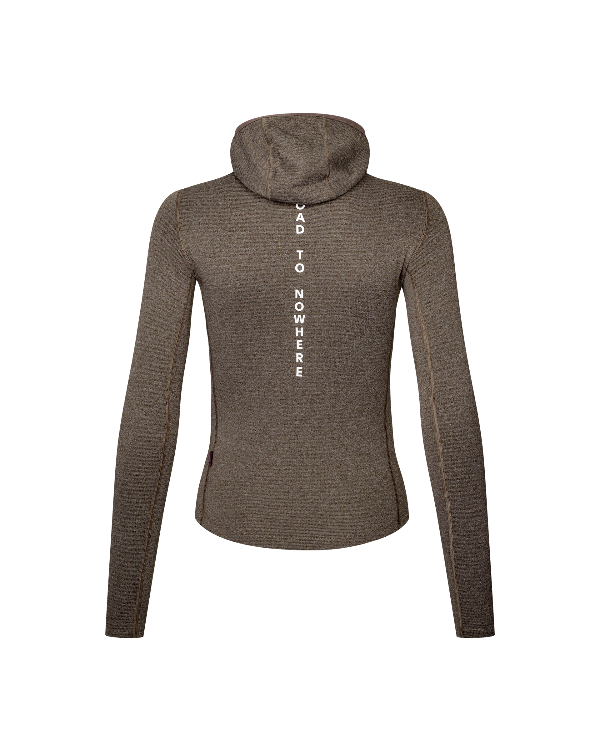 Dark Coffee brown women's thermal hooded baselayer, rear flat lay with vertical white back print
