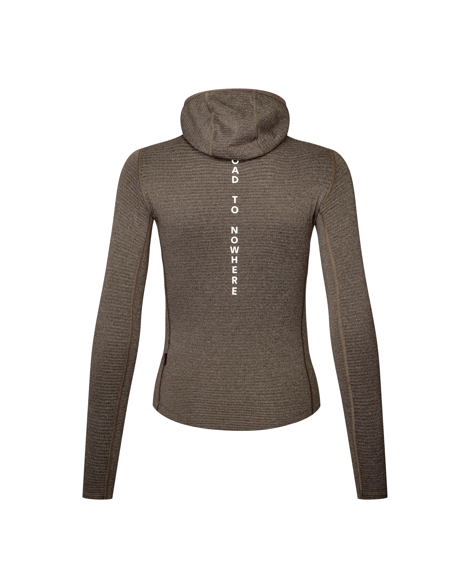 Dark Coffee brown women's thermal hooded baselayer, rear flat lay with vertical white back print