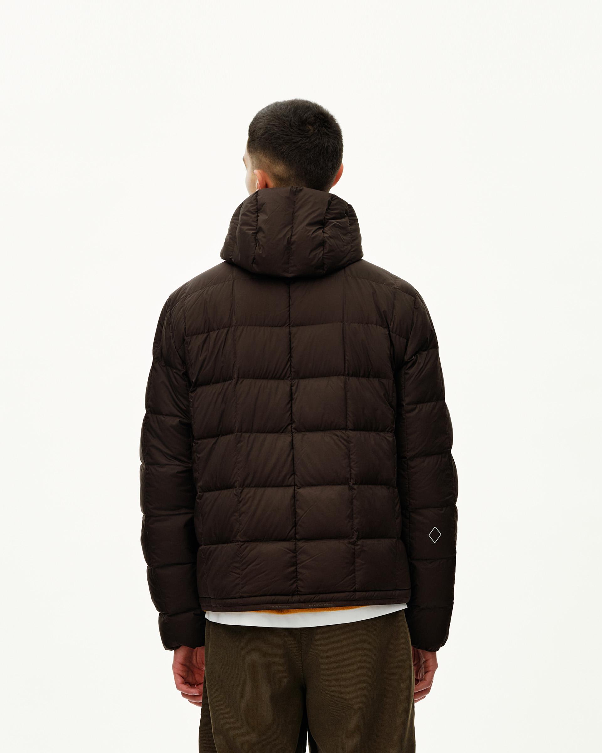 Dark Coffee Off-Race Down Liner jacket on model, rear view with box quilting and hood