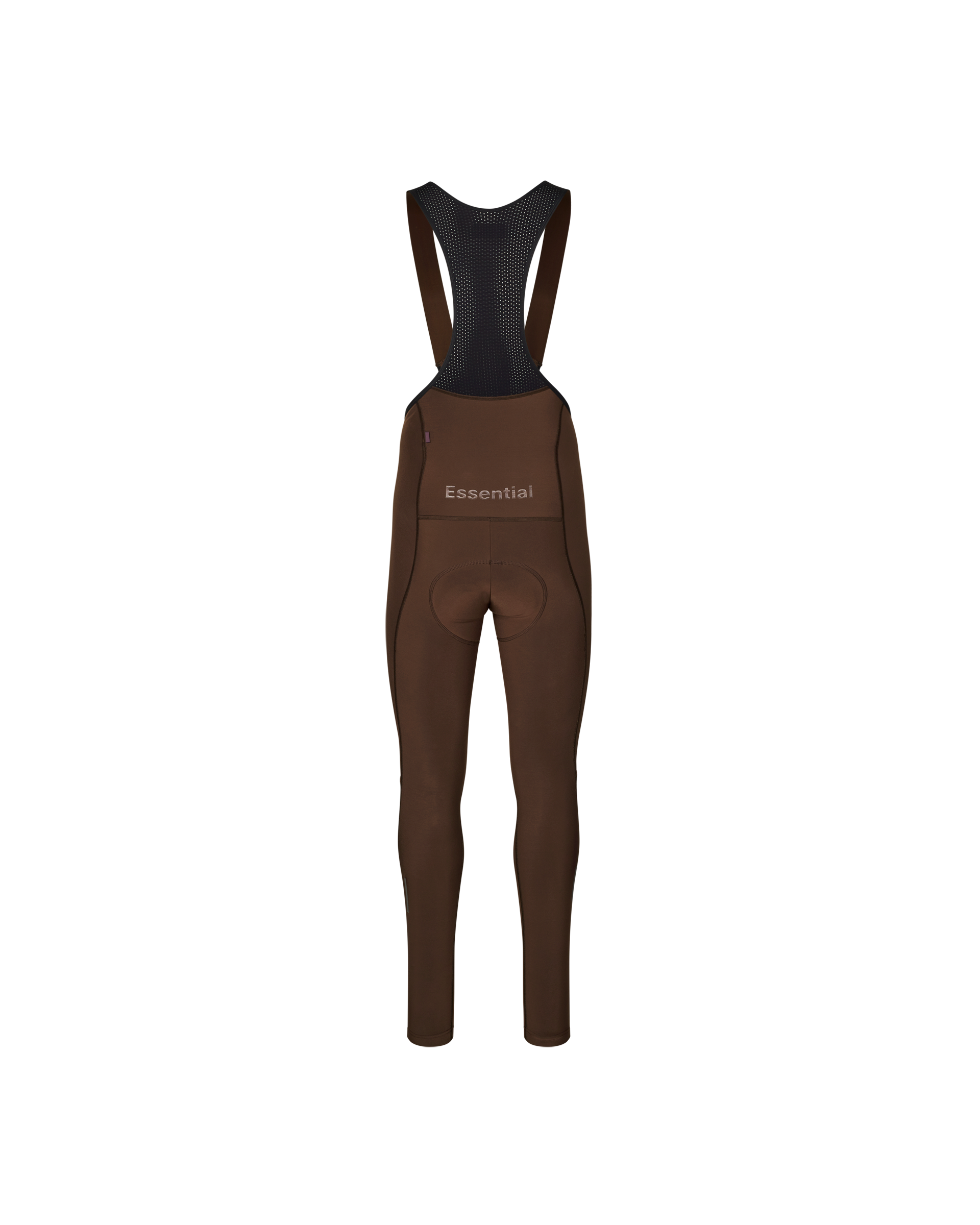 Brown Essential Thermal Long cycling bibs, rear flat lay with mesh bib straps and Essential logo