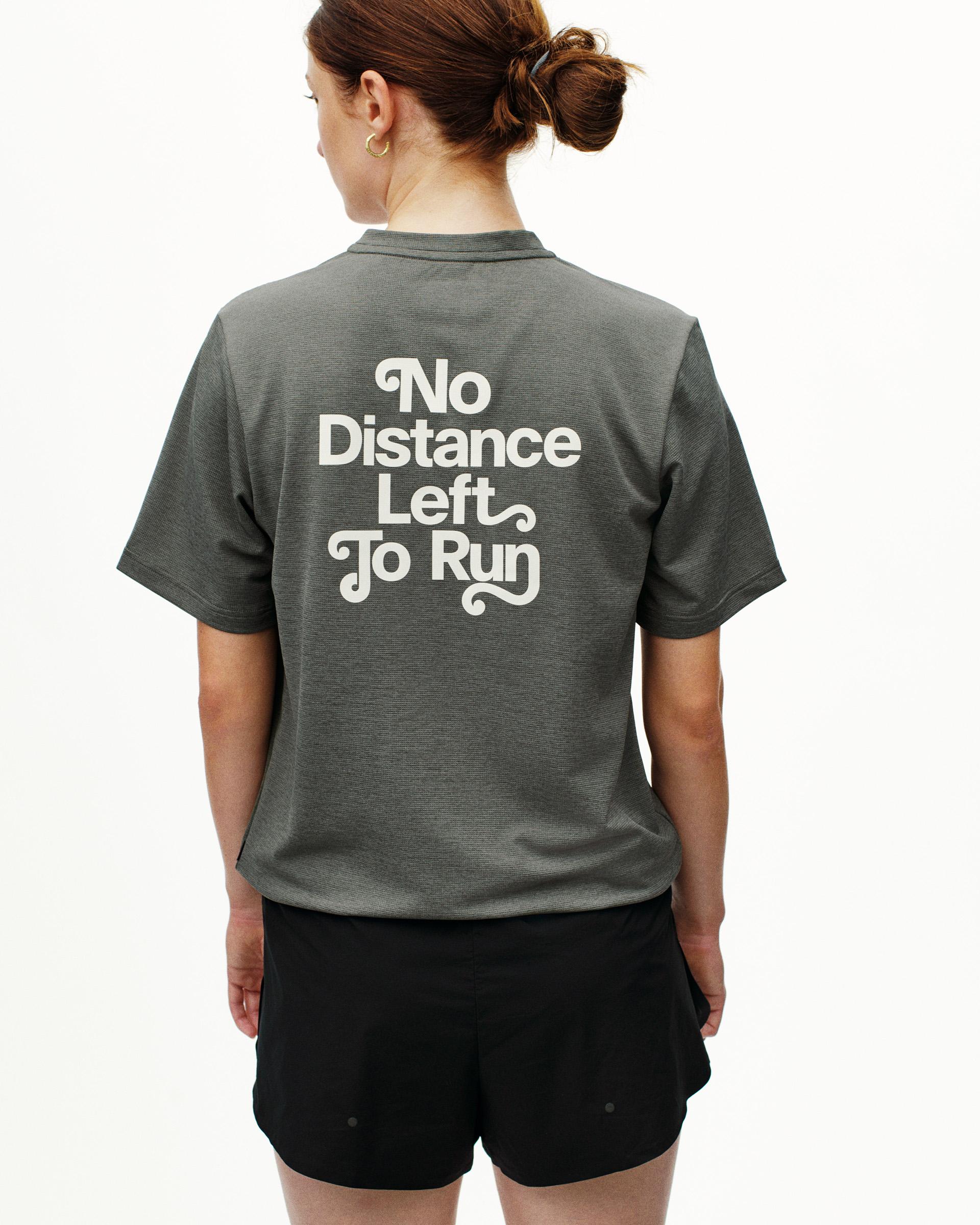 Grey Balance t-shirt, rear view on model with white "No Distance Left To Run" back print