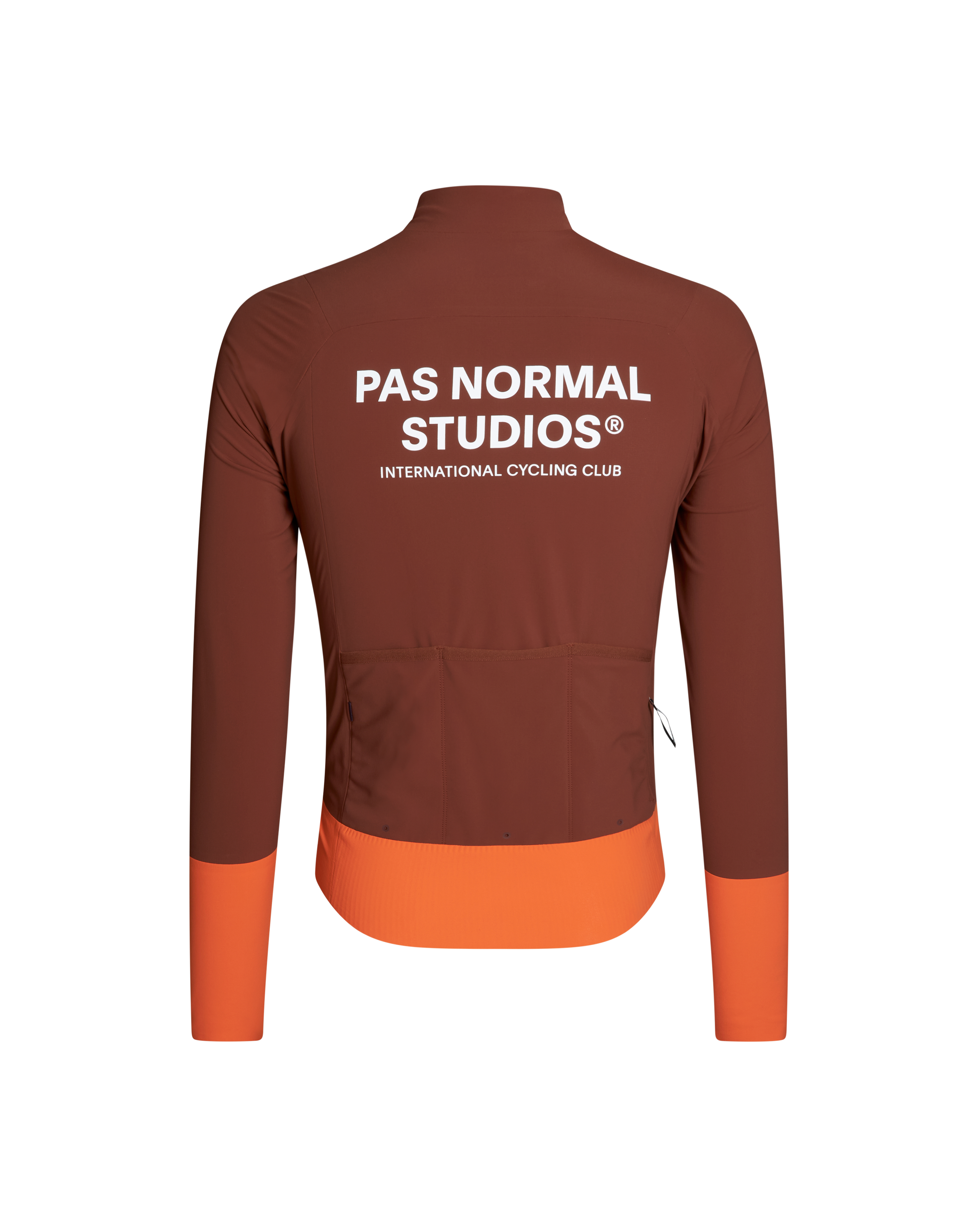Brown Mechanism Thermal cycling jacket, rear view with orange contrast hem and cuffs